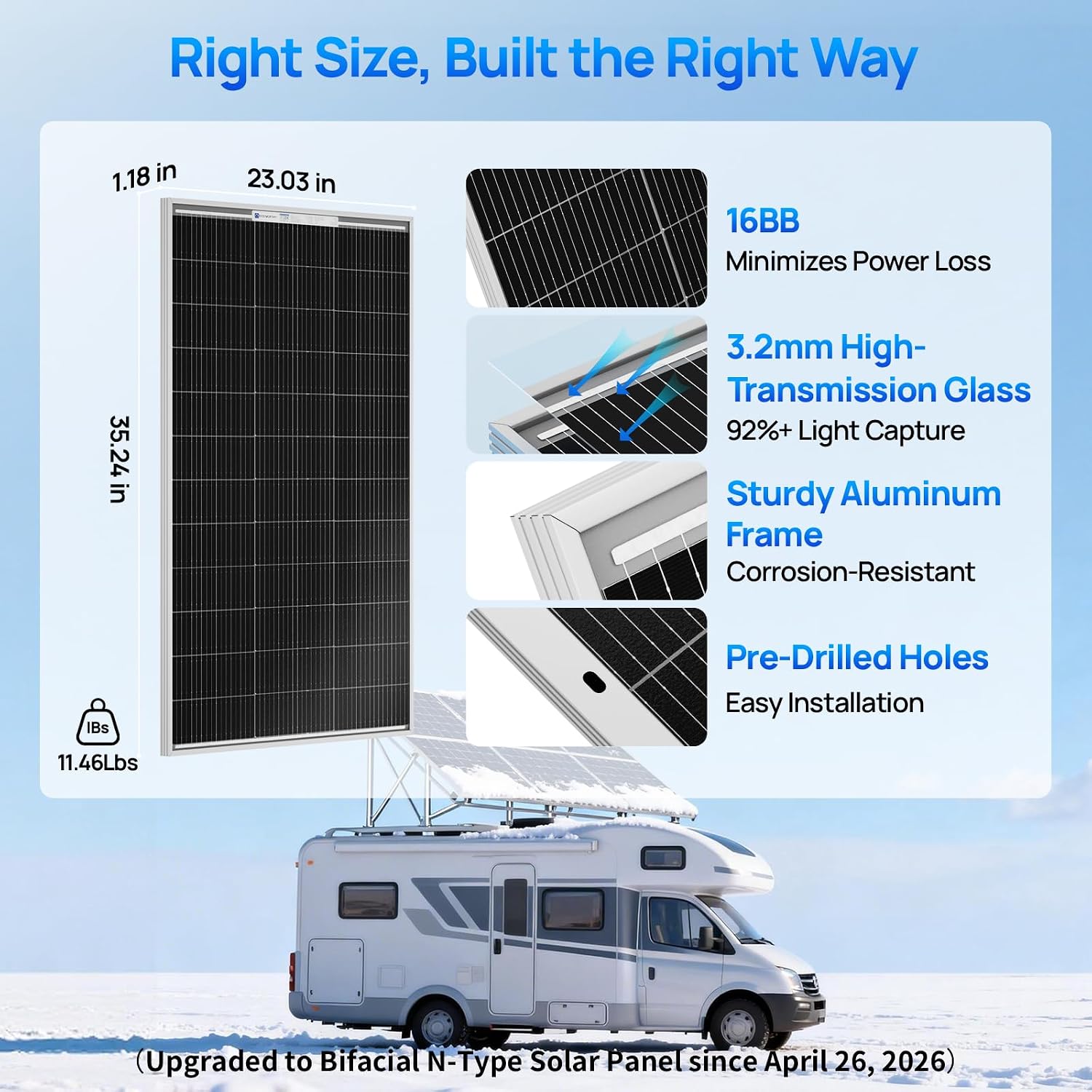 ECO-WORTHY 100 Watt 12 Volt Solar Panel Kit with 100W Bifacial N-Type 25% High Efficiency Solar Panel+30A PWM Charge Controller for RV Battery Boat Trailer Cabin Garden Shed Home