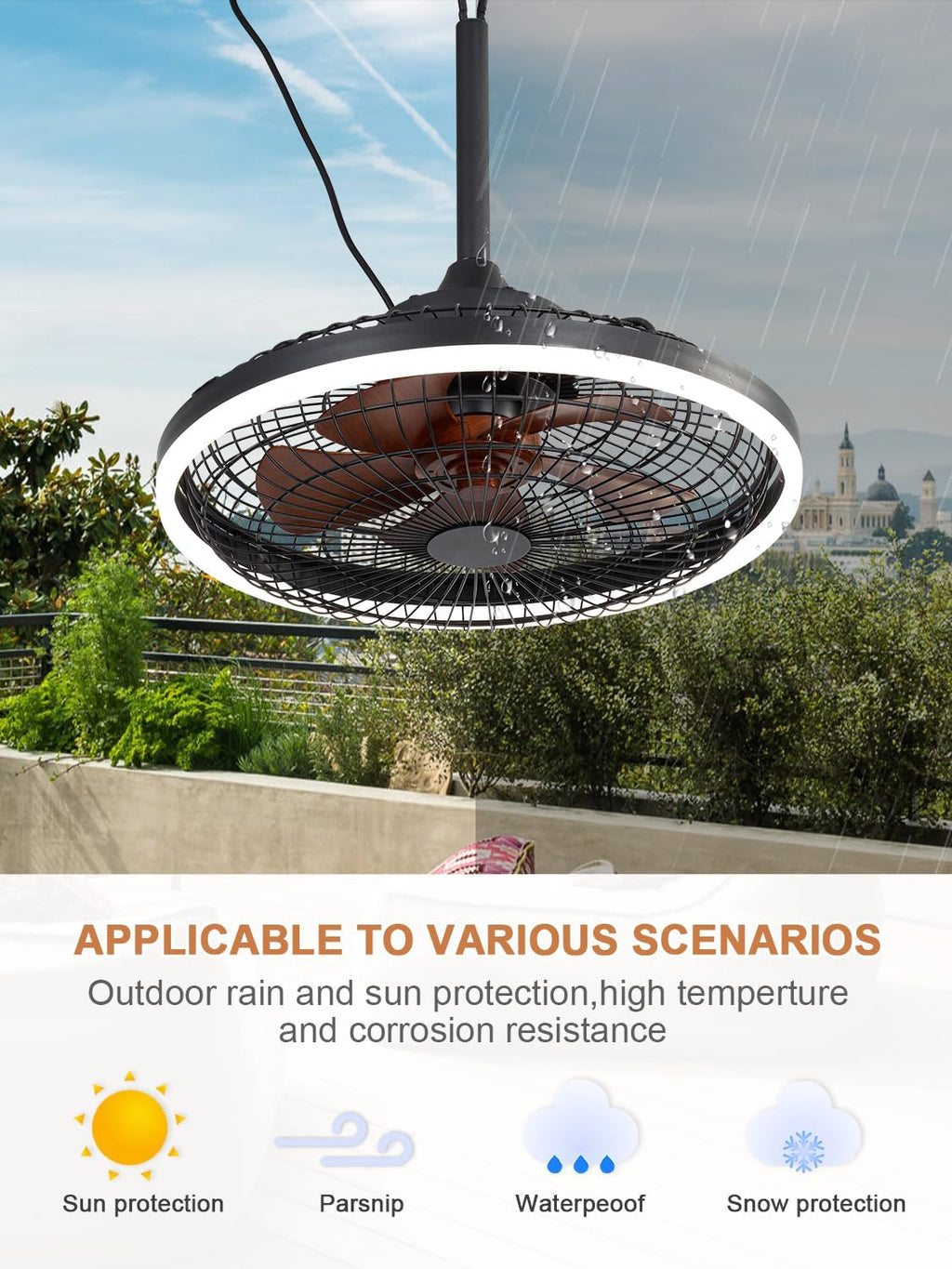 Bella Depot 20' Outdoor Ceiling Fan Black Waterproof Gazebo Fan with Dimmable Light Smart App Remote Control Hanging Fan for Outside Patios Pergola Tent Plug-in Design (20'- Minimalist Black)