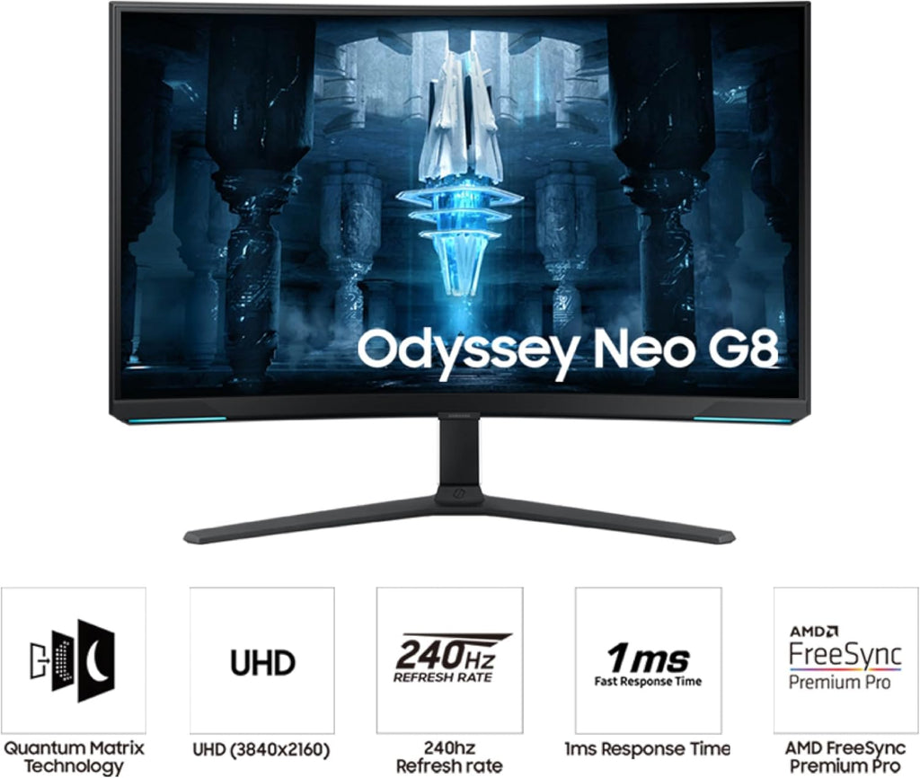 Samsung 32' Odyssey Neo G8 (G85NB) 4K UHD 240Hz 1ms G-Sync 1000R Curved Gaming Monitor, Quantum HDR2000, AMD FreeSync Premium Pro, Matte Display, DisplayPort, Black & White, LS32BG852NNXGO