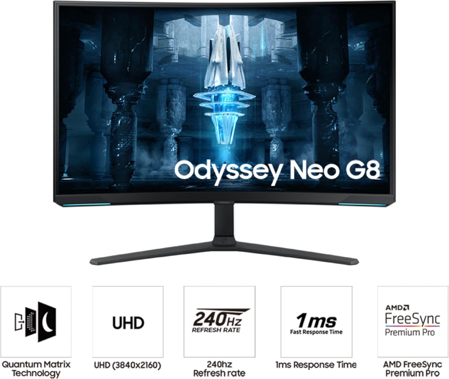 Samsung 32' Odyssey Neo G8 (G85NB) 4K UHD 240Hz 1ms G-Sync 1000R Curved Gaming Monitor, Quantum HDR2000, AMD FreeSync Premium Pro, Matte Display, DisplayPort, Black & White, LS32BG852NNXGO