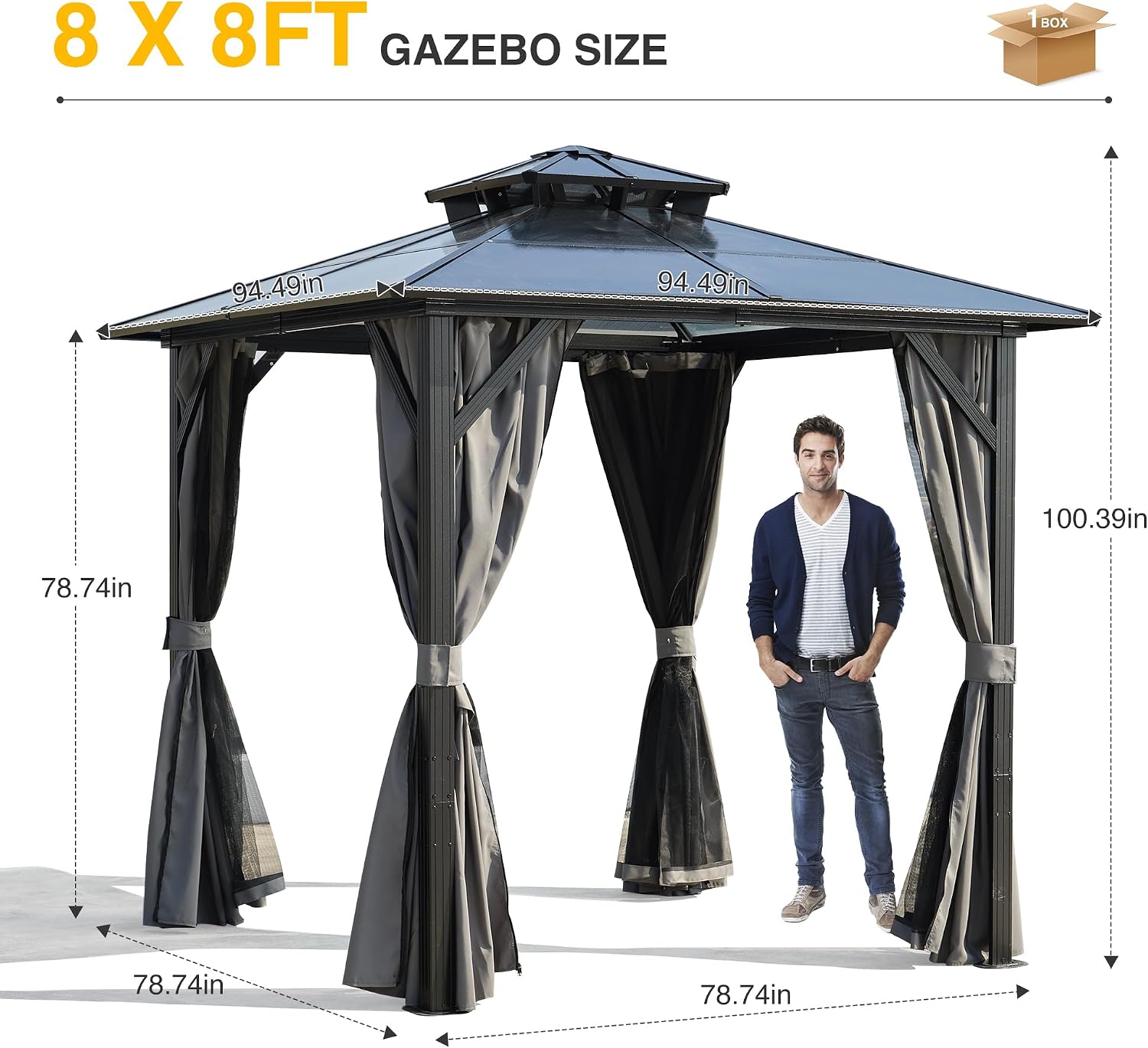8x8FT Outdoor Grill Gazebo with UV-Resistant Polycarbonate Hardtop Roof - Weather-Resistant Aluminum Frame, Built-in Storage Hooks - Perfect for Patio, Lawn, Garden BBQ & Dining
