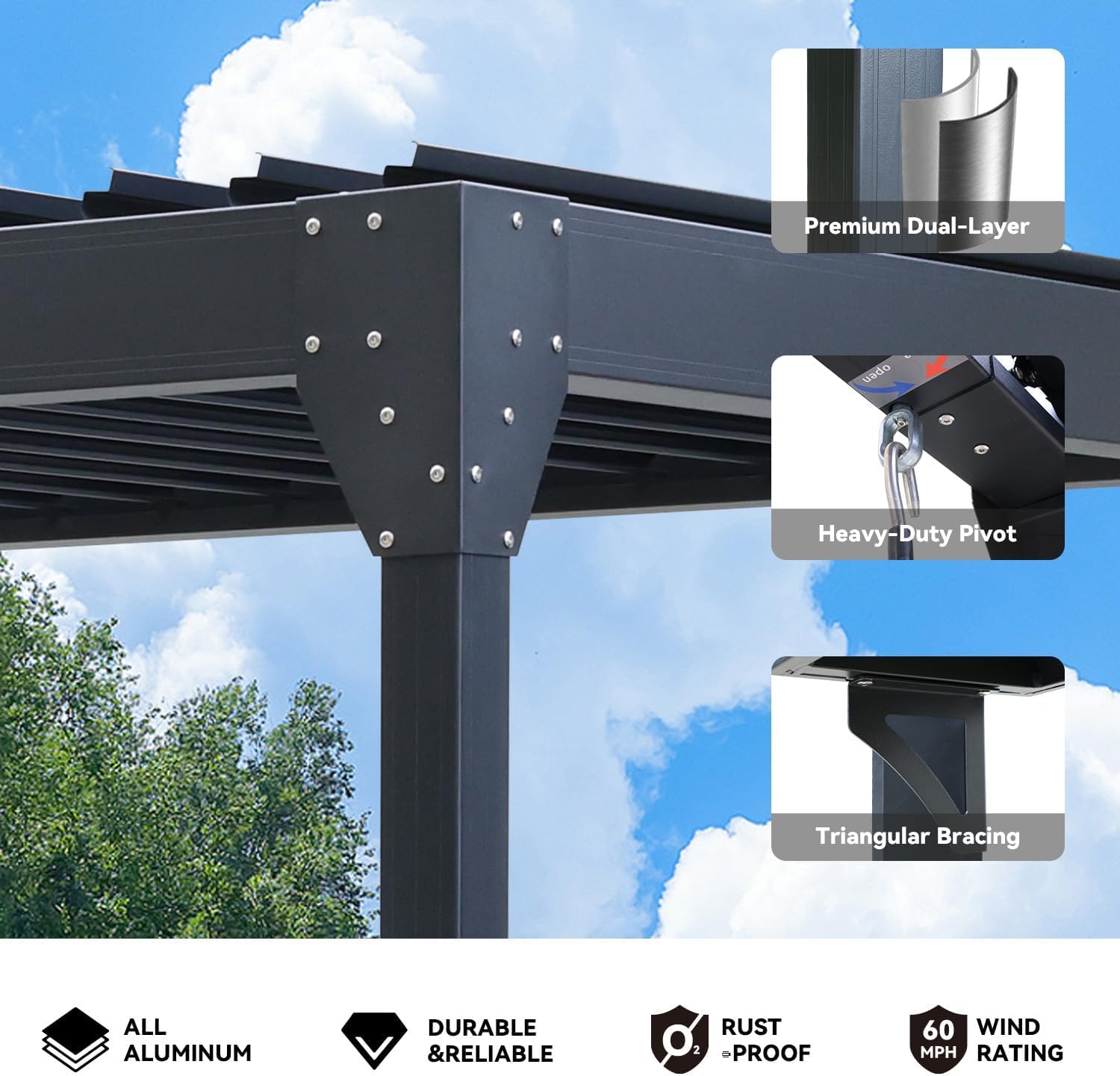 MELLCOM Grill Pergola 8x5.2ft with Adjustable Louvered Roof, Aluminum Gazebo with 2 Shelves & Rain Gutter, Weatherproof Outdoor Shelter for BBQ & Patio, Black