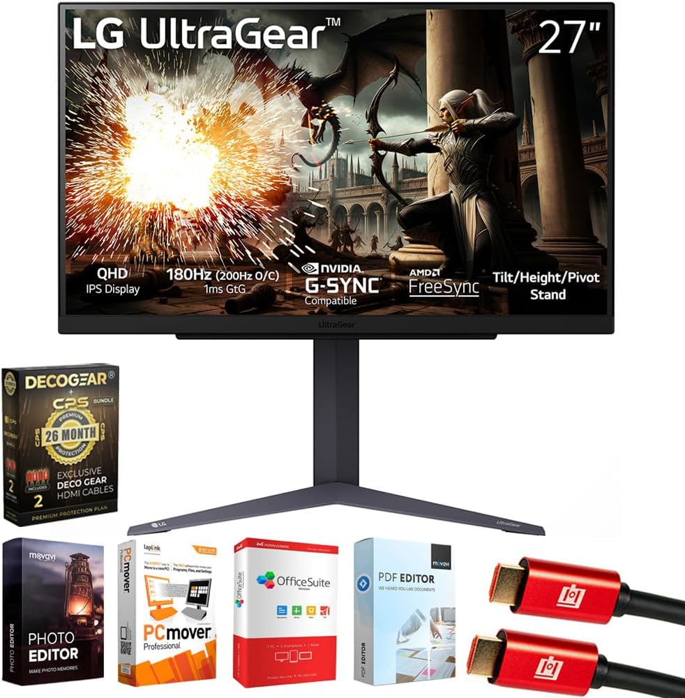LG 27GS75QX-B 27' Ultragear QHD 1440P 180Hz 1ms G-Sync Compatible IPS Gaming Monitor Bundle with Elite Suite 18, 2X HDMI Cable and Deco Gear CPS Exclusive 26 Month Protection Pack (BEACH-CPS-26M500)