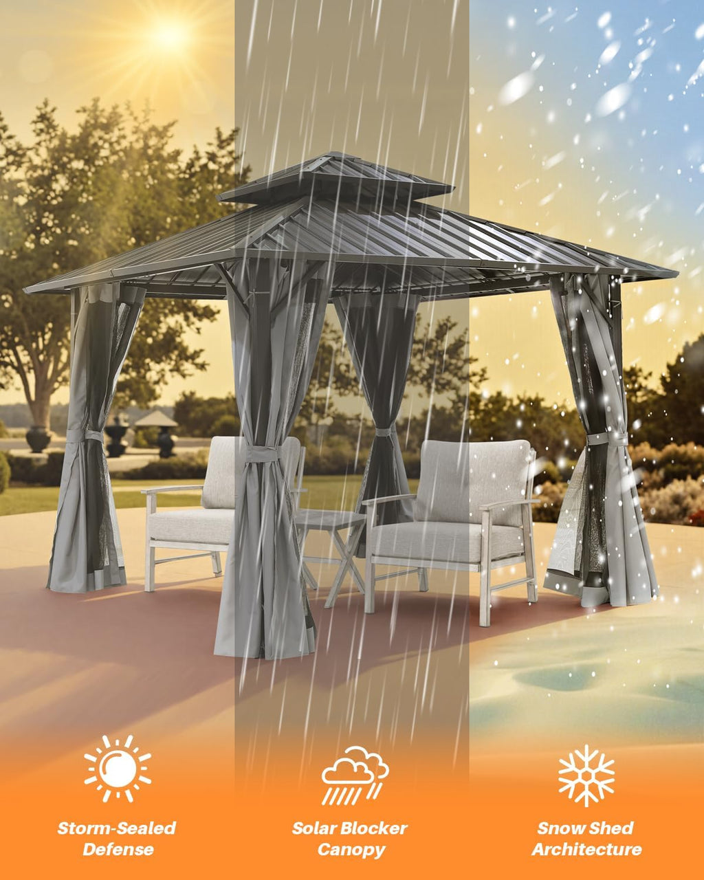 10' x 10' Hardtop Gazebo, Aluminum Frame Outdoor Patio Gazebos with Netting and Curtains, Outdoor Gazebo Canopy, Patio Pergola with Double Steel Roofs for Backyard, Patio, Deck, Slate Gray