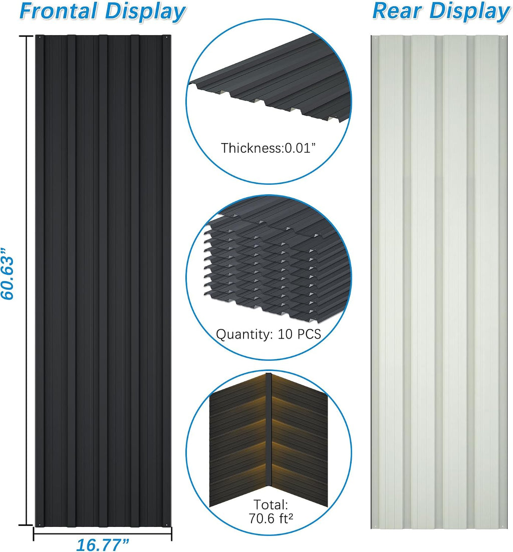 Roof Panels 10 pcs L60.63×W16.77 inch Galvanized Steel, Metal Corrugated Tin Roofing Panels Gazebo Top Cover Heavy Duty Roof Replacement for Patio Outdoor Garden, Black