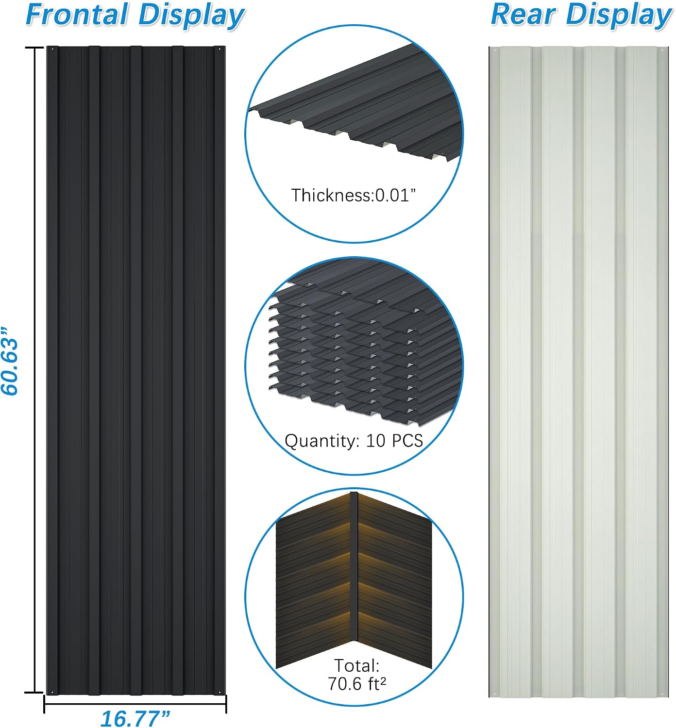 Roof Panels 10 pcs L60.63×W16.77 inch Galvanized Steel, Metal Corrugated Tin Roofing Panels Gazebo Top Cover Heavy Duty Roof Replacement for Patio Outdoor Garden, Black