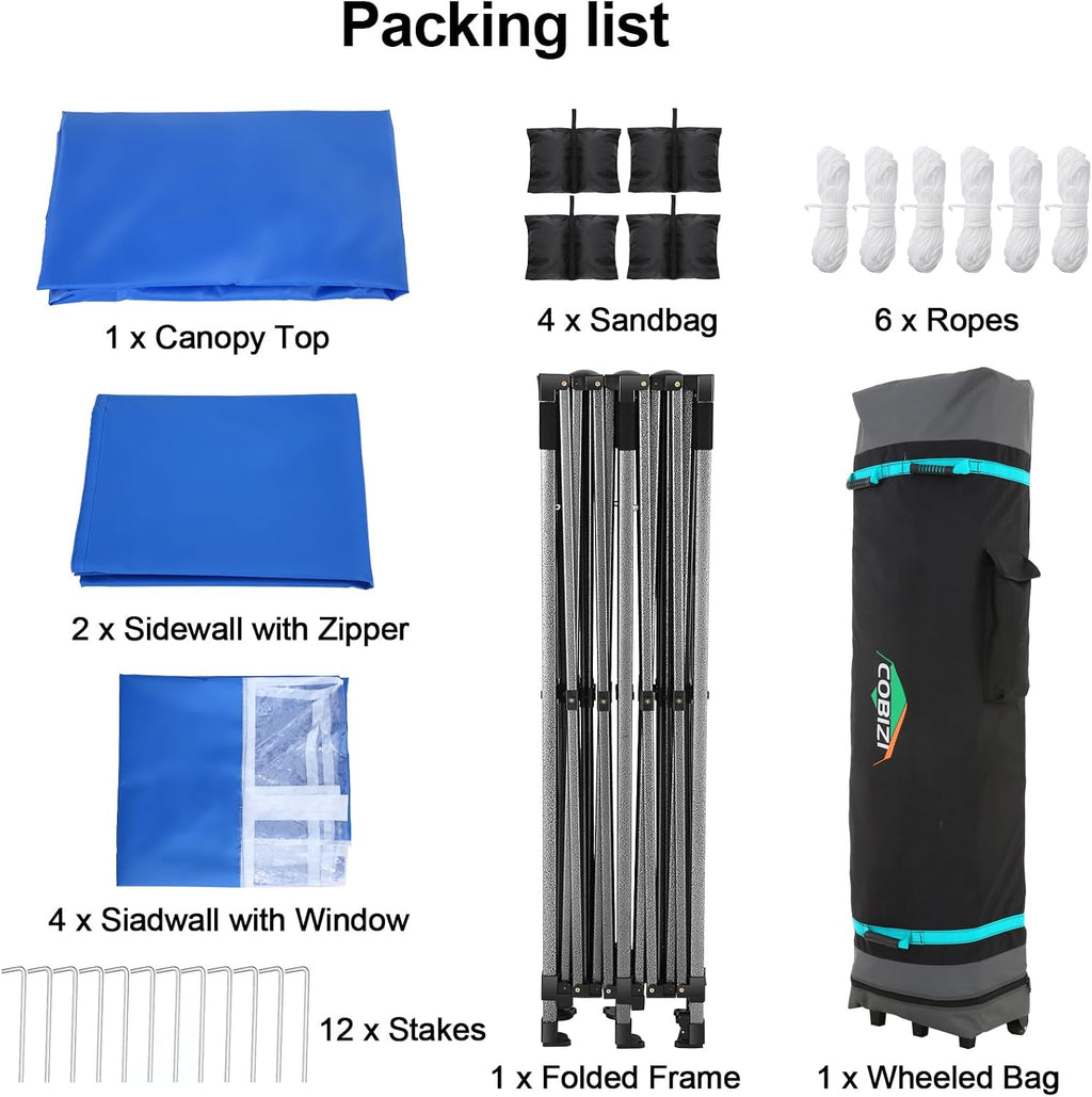 COBIZI 10x20 Pop up Canopy Tent 10x20 Canopy with 6 Sidewalls Waterproof Heavy Duty Commercial Canopy Tent for Parties Outdoor Garden Gazebo, Carry Bag with Wheel(10x20ft, Blue)