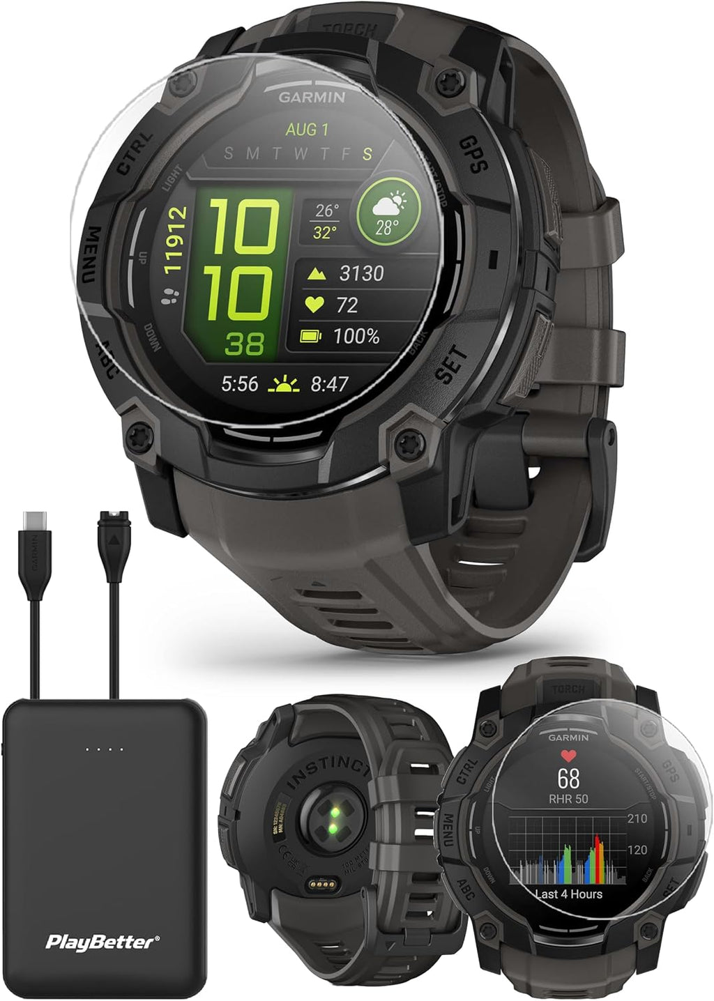PlayBetter Garmin Instinct 3 50mm (Black/Charcoal) AMOLED Rugged Outdoor GPS Smartwatch Bundle - Metal Bezel, Built-in Flashlight, Long Battery Life Portable Charger & HD Screen Protectors
