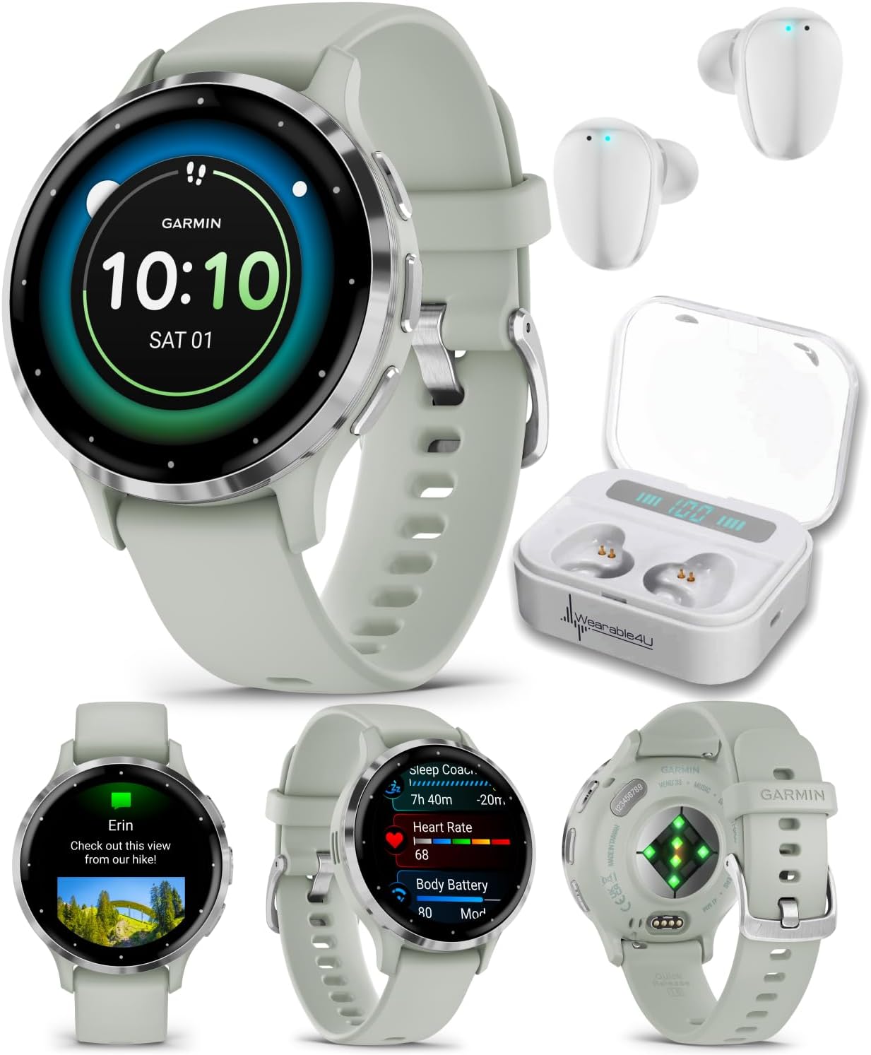 Wearable4 - Garmin Venu 3S GPS Smartwatch, AMOLED Display 41 mm Watch, Health and Fitness Features, Up to 10 Days of Battery, Sleep Coach, Sage Gray with White Earbuds Bundle