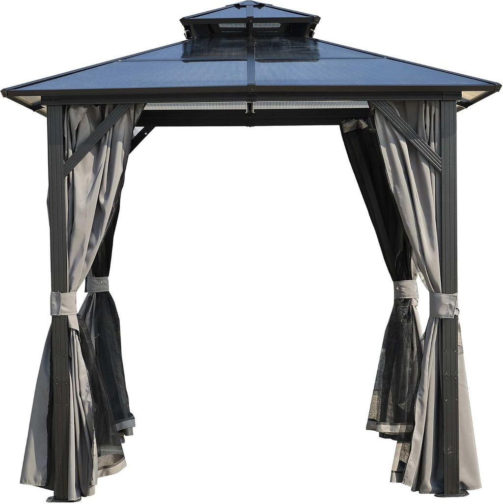 8x8FT Outdoor Grill Gazebo with UV-Resistant Polycarbonate Hardtop Roof - Weather-Resistant Aluminum Frame, Built-in Storage Hooks - Perfect for Patio, Lawn, Garden BBQ & Dining