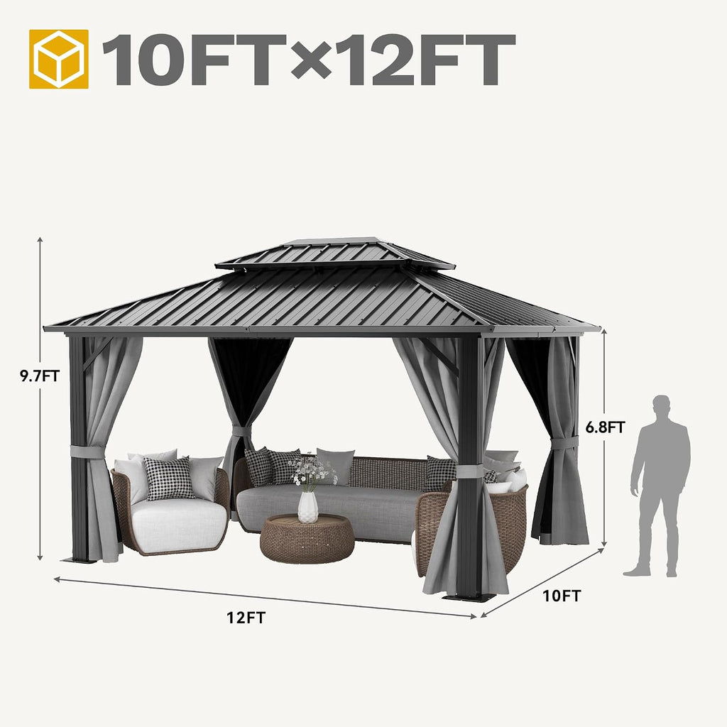 DWVO 10x12ft Hardtop Gazebo Double Roof with Nettings and Curtains, Heavy Duty Galvanized Steel Outdoor Vertical Stripes Roof for Patio, Backyard, Deck, Lawns, Grey