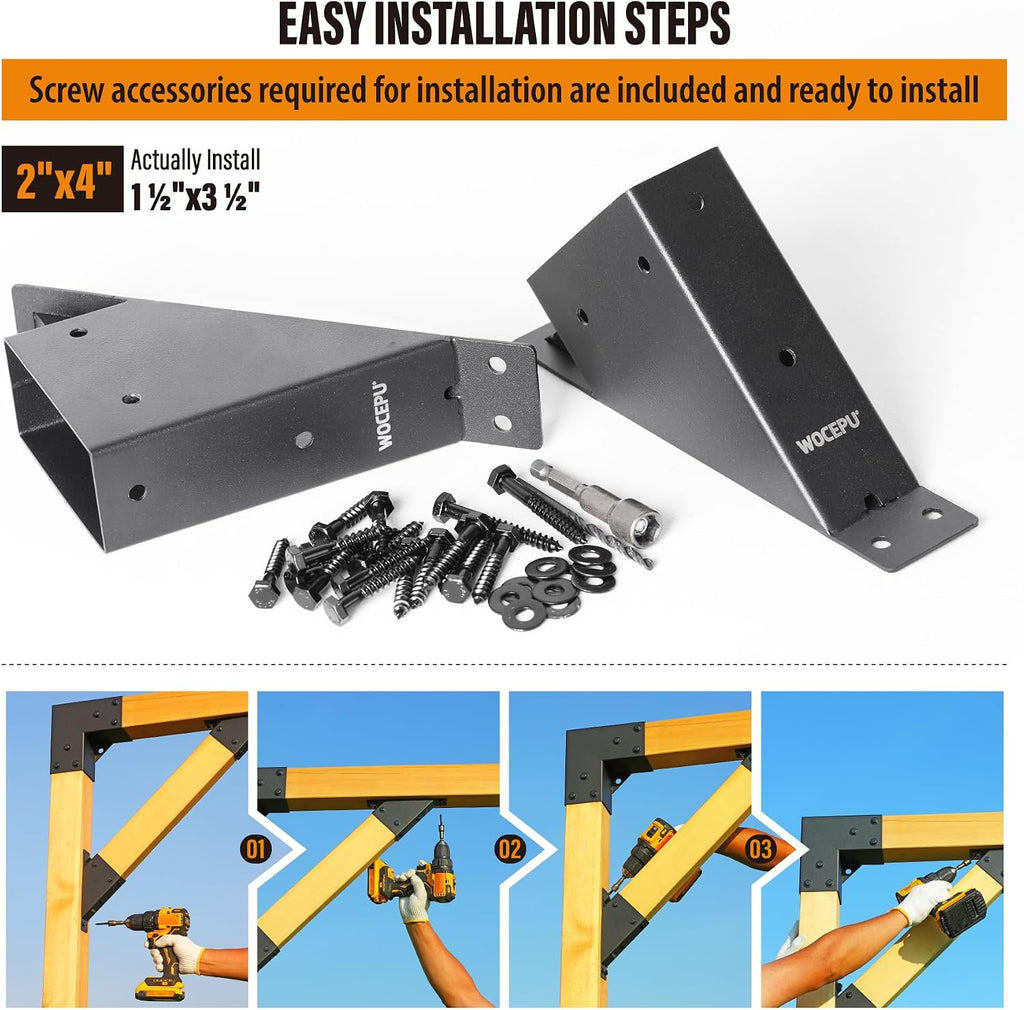 8pack 2x4 (Actual 1.5''x3.5'') Degree Angle Support Brackets, For Pergola, Gazebo, Deck Wood Frame Structures Provide Support 45° Degree Angle Bracket