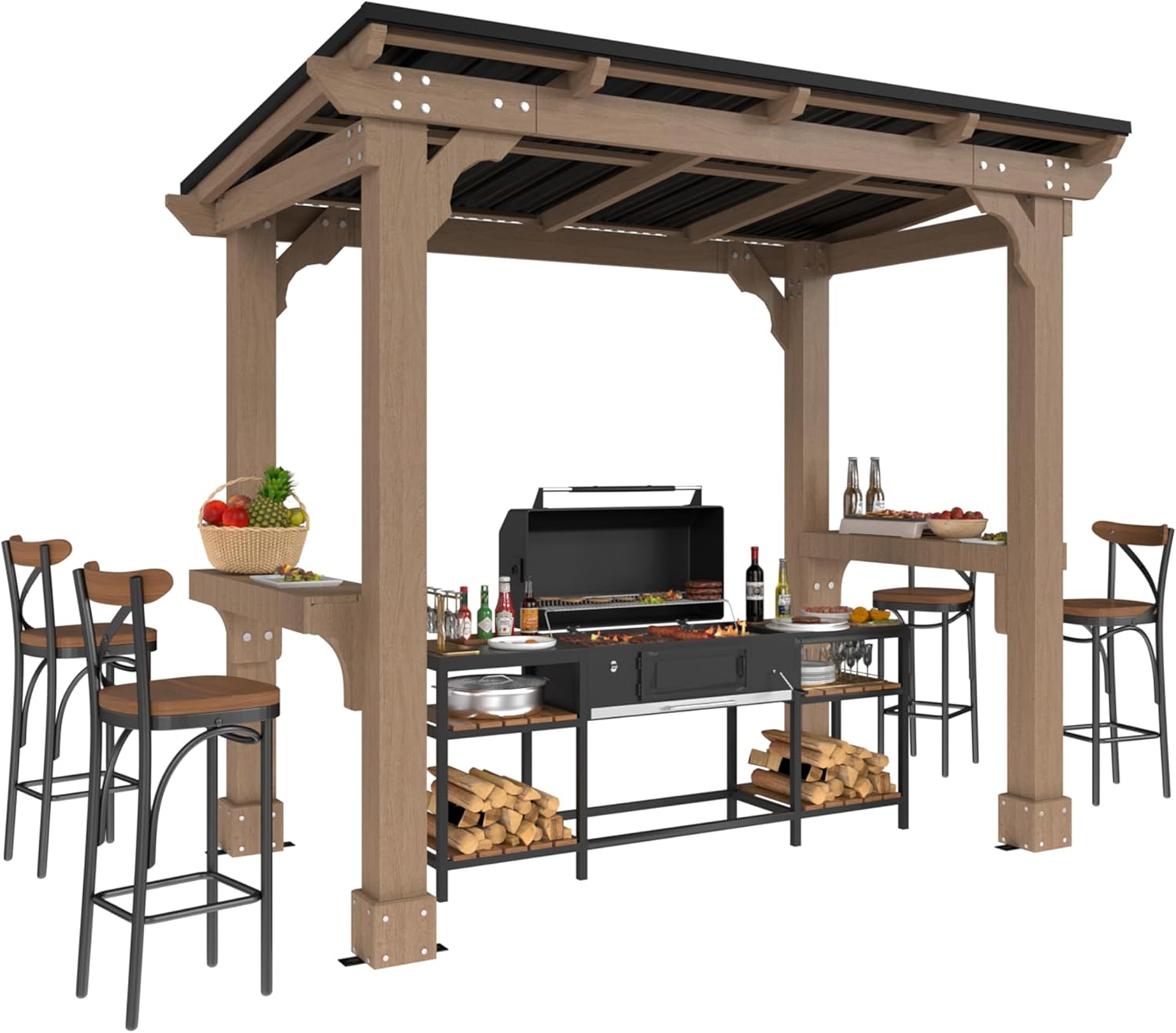 VEIKOU 8'x5' BBQ Grill Gazebo Shelter with Galvanized Steel Roof, Cedar Frame, Patio Gazebo for Barbecue, Backyard, Garden, Deck, Light Mocha Brown