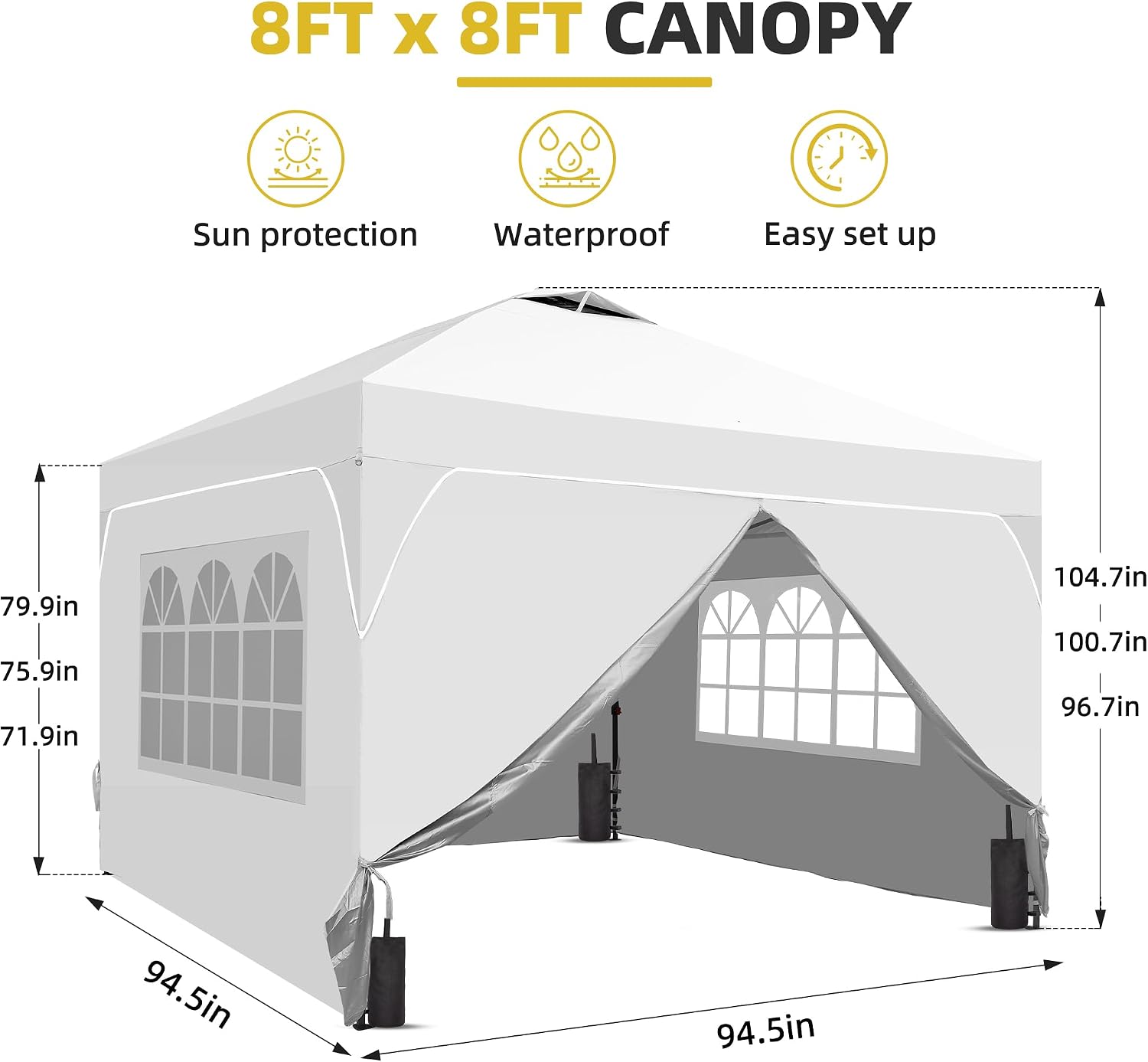8x8 Pop Up Canopy Tent with One Push Setup, Portable Sun Shade Tent, Instant Easy Up Canopy with 4-Sidewalls & Hand Bag, Outdoor Fldable Gazebo with Vent Top, White.