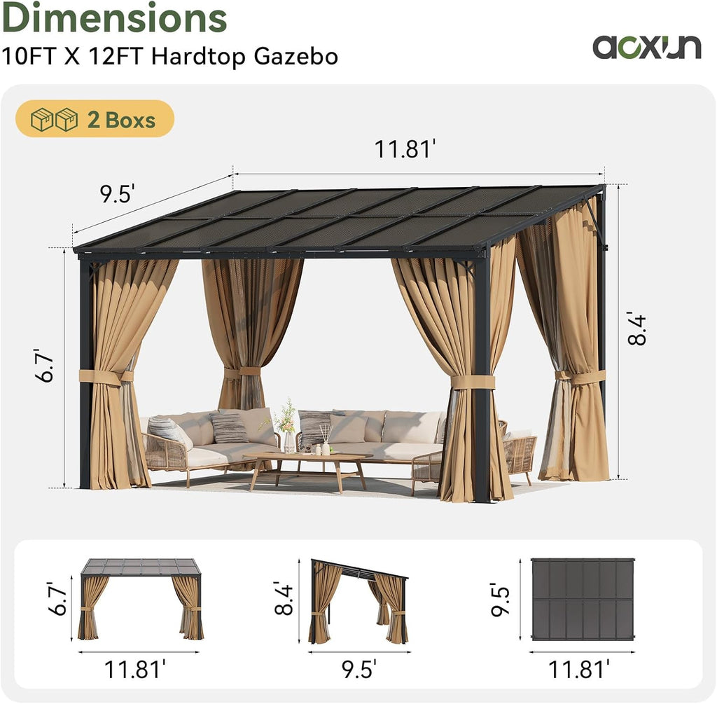 Aoxun 10'x12' Lean to Gazebo with Mosquito Net and Curtains, Aluminum Frame, Polycarbonate Panel, Wall Mounted Pergola with Sloped Roof for Backyard, Porch, Deck