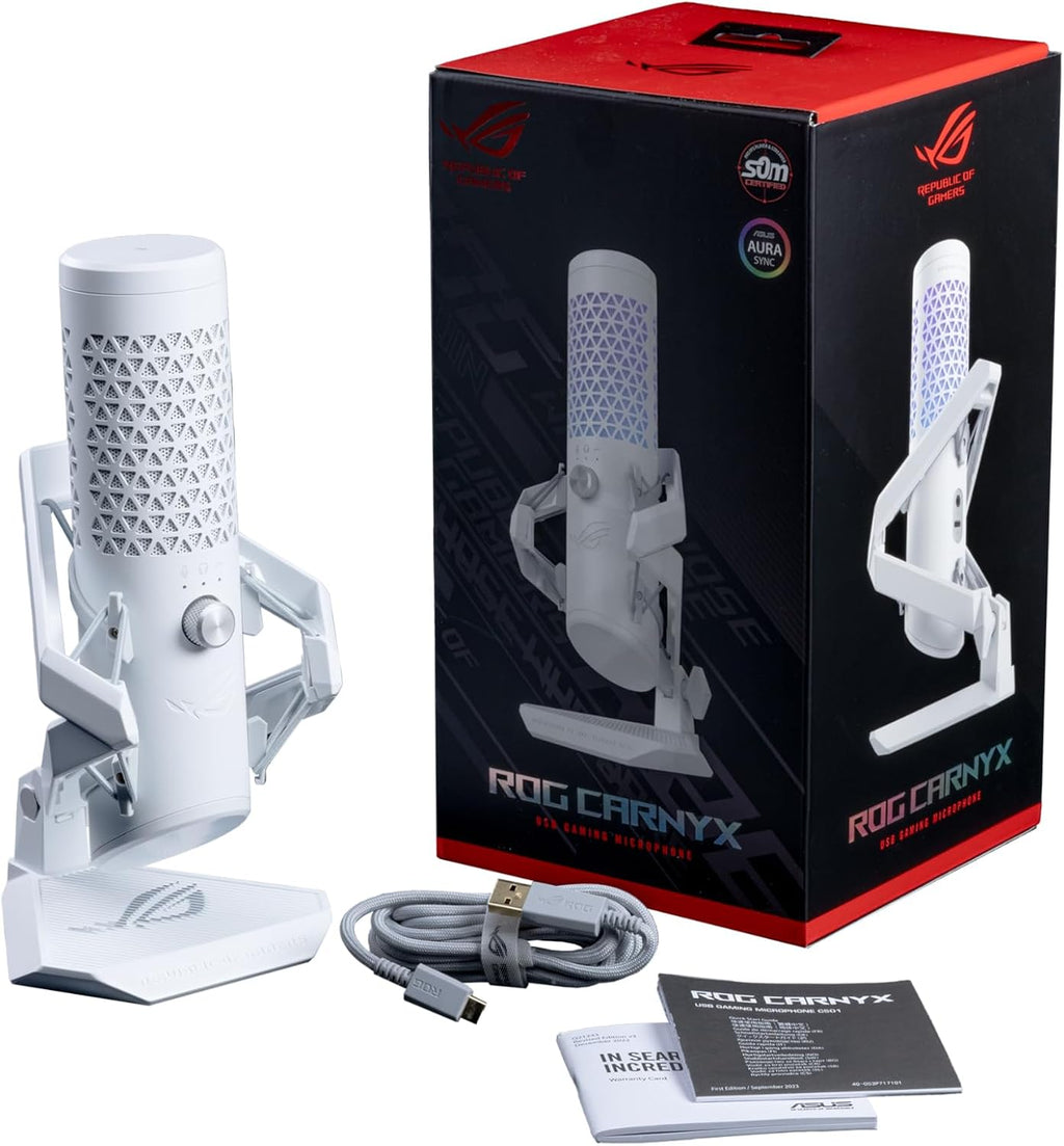 ASUS ROG Carnyx USB Gaming Microphone (25mm Condenser Capsule, 192kHz/24-bit, Cardioid, high-Pass Filter, Built-in pop Filter, Metal Shock Mount, one-Touch Mute, Aura Sync RGB)- Moonlight White