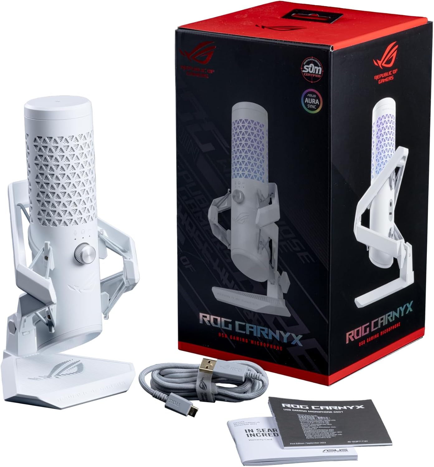 ASUS ROG Carnyx USB Gaming Microphone (25mm Condenser Capsule, 192kHz/24-bit, Cardioid, high-Pass Filter, Built-in pop Filter, Metal Shock Mount, one-Touch Mute, Aura Sync RGB)- Moonlight White