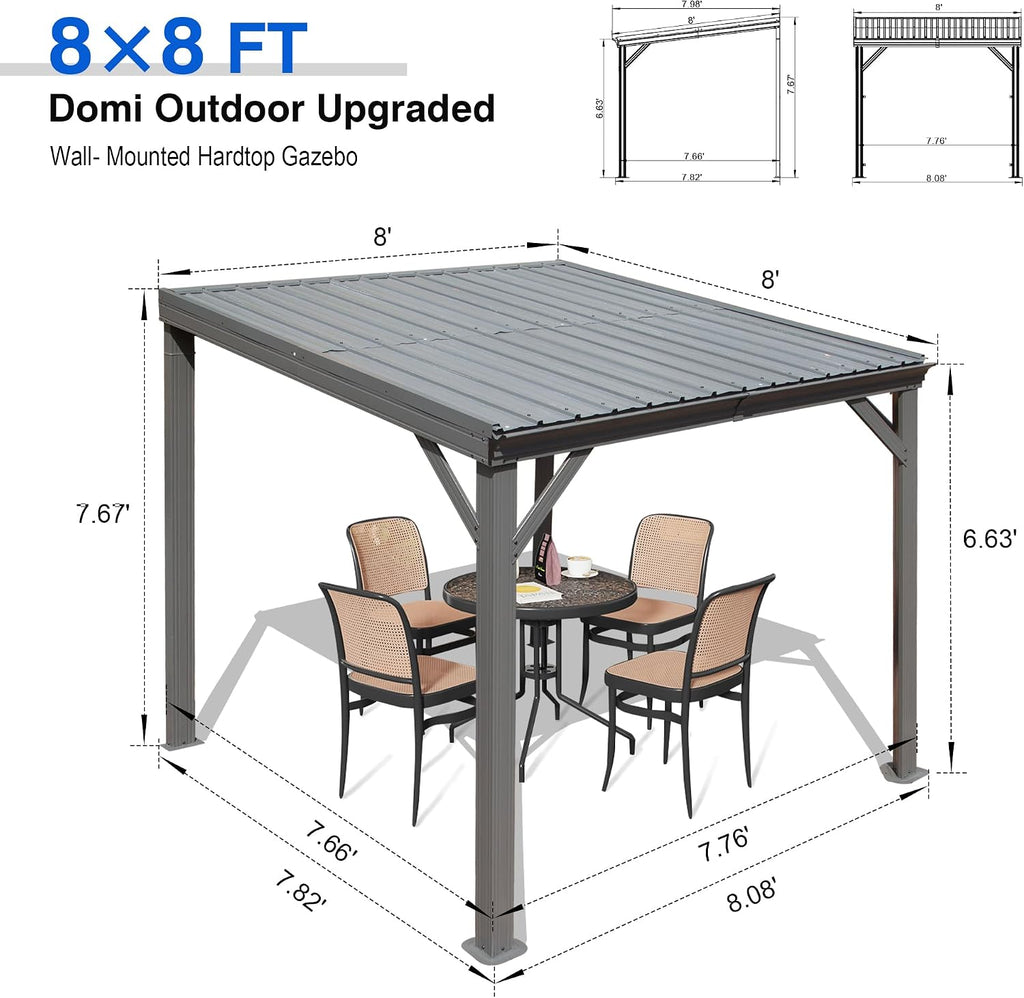 Domi 8x8FT Lean to Gazebo, Outdoor Hardtop Wall Mounted Gazebo with Sloping Galvanized Steel Roof, Upgraded Heavy Duty Mounted Shelter with Drainage System for Deck, Porch, Backyard