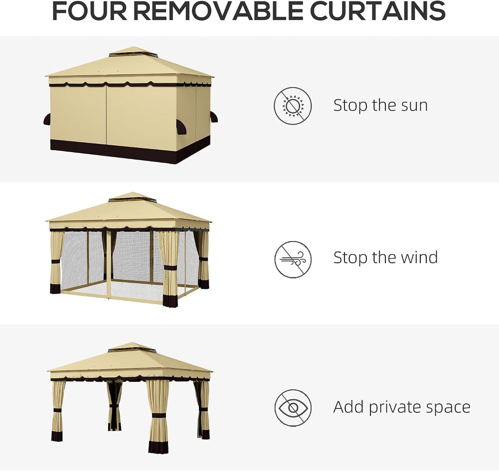 Outsunny 10' x 12' Patio Gazebo, Double Roof Outdoor Gazebo Canopy Shelter with Netting and Curtains, Solid Metal Frame for Garden, Lawn and Deck, Beige