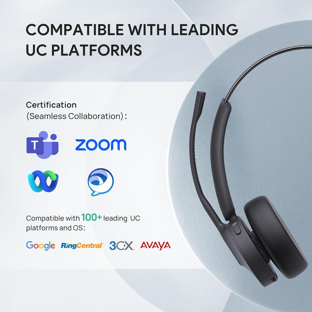 Yealink BH70 Mono Wireless Bluetooth Headset with Microphone for Work, up to 35h Talking, Native Bluetooth via Microsoft Teams Certified, Compatible with Cisco Webex & Jabber, Zoom, Google Meeting