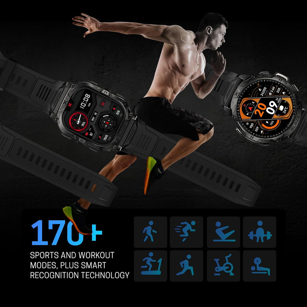 CARBINOX Blaze Smart Watch with GPS (Sport Mode), Fitness Tracker Waterproof IP69K, Compatible with Android and iOS, 170+ Sports Modes, Make/Receive Calls (Square Ultimate Pack)