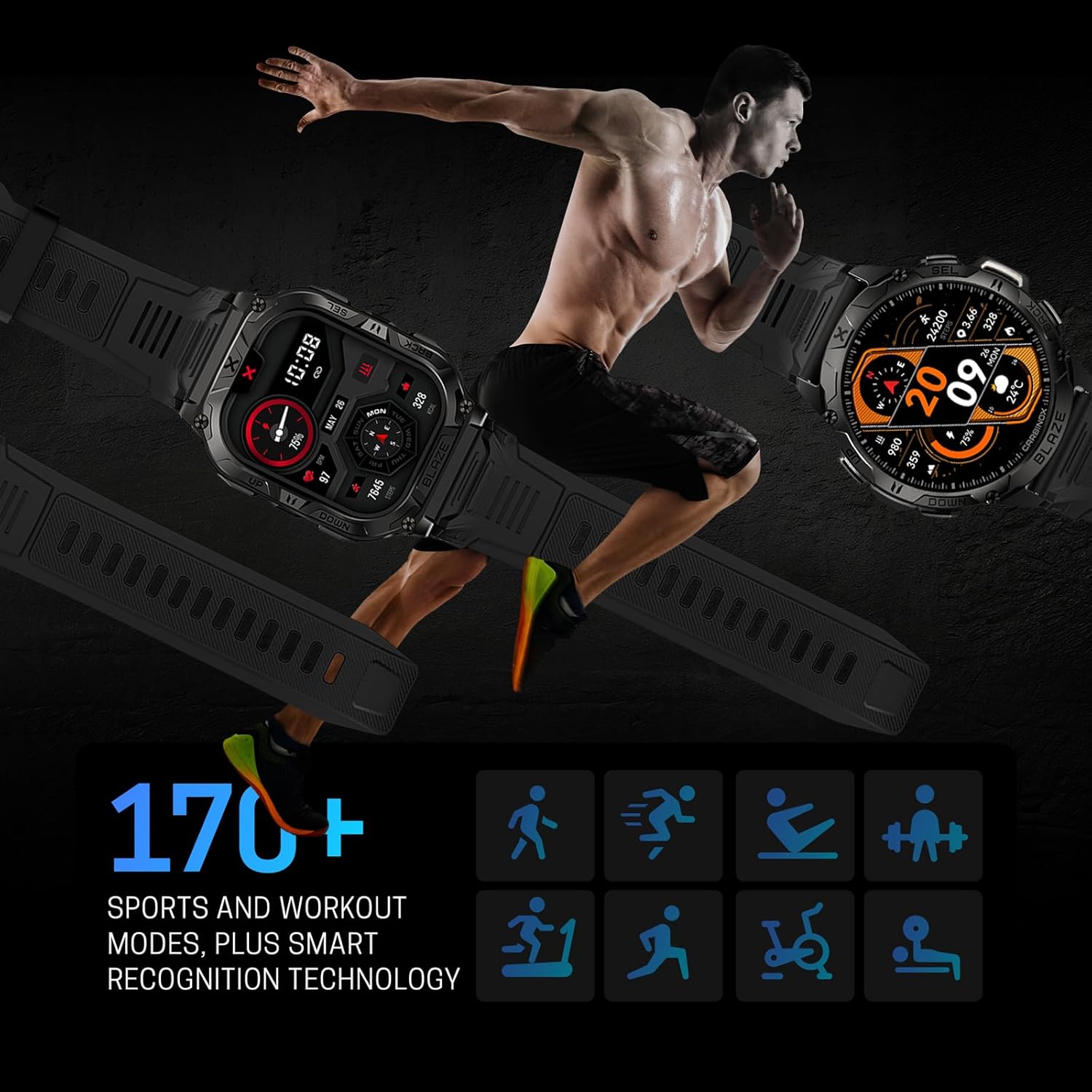 CARBINOX Blaze Smart Watch with GPS – Rugged Fitness Trackers, IP69K Waterproof, 170+ Sports Modes, Gorilla Glass, Make/Receive Calls, Android & iOS Compatible