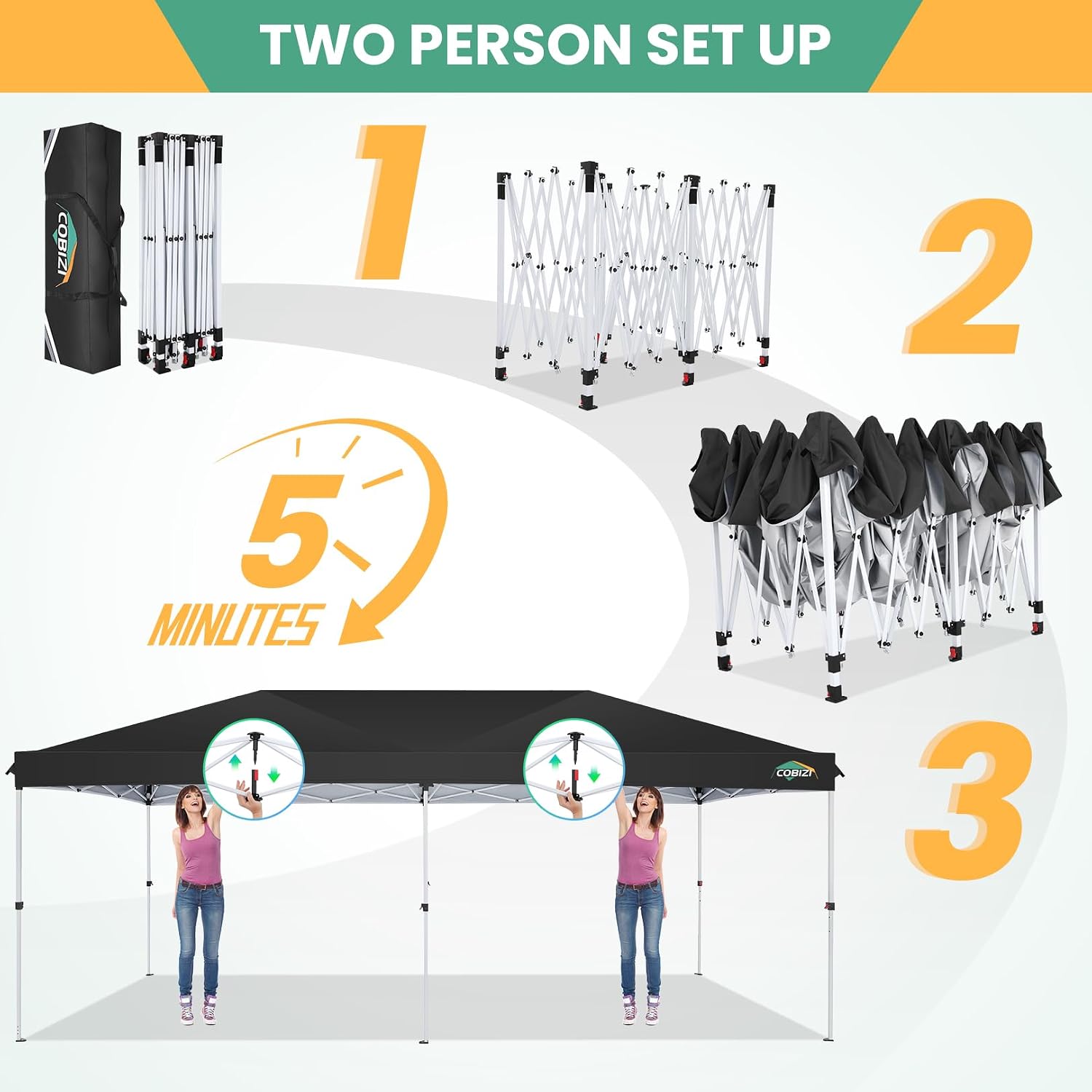 COBIZI 10x20 Pop Up Canopy Tent, One Push Easy Up Gazebo with 6 Removable Sidewalls & Air Vent, Waterproof UV50+ Commercial Canopy with 4 Sandbags, Stakes & Ropes for Parties/Wedding/Backyard, Black