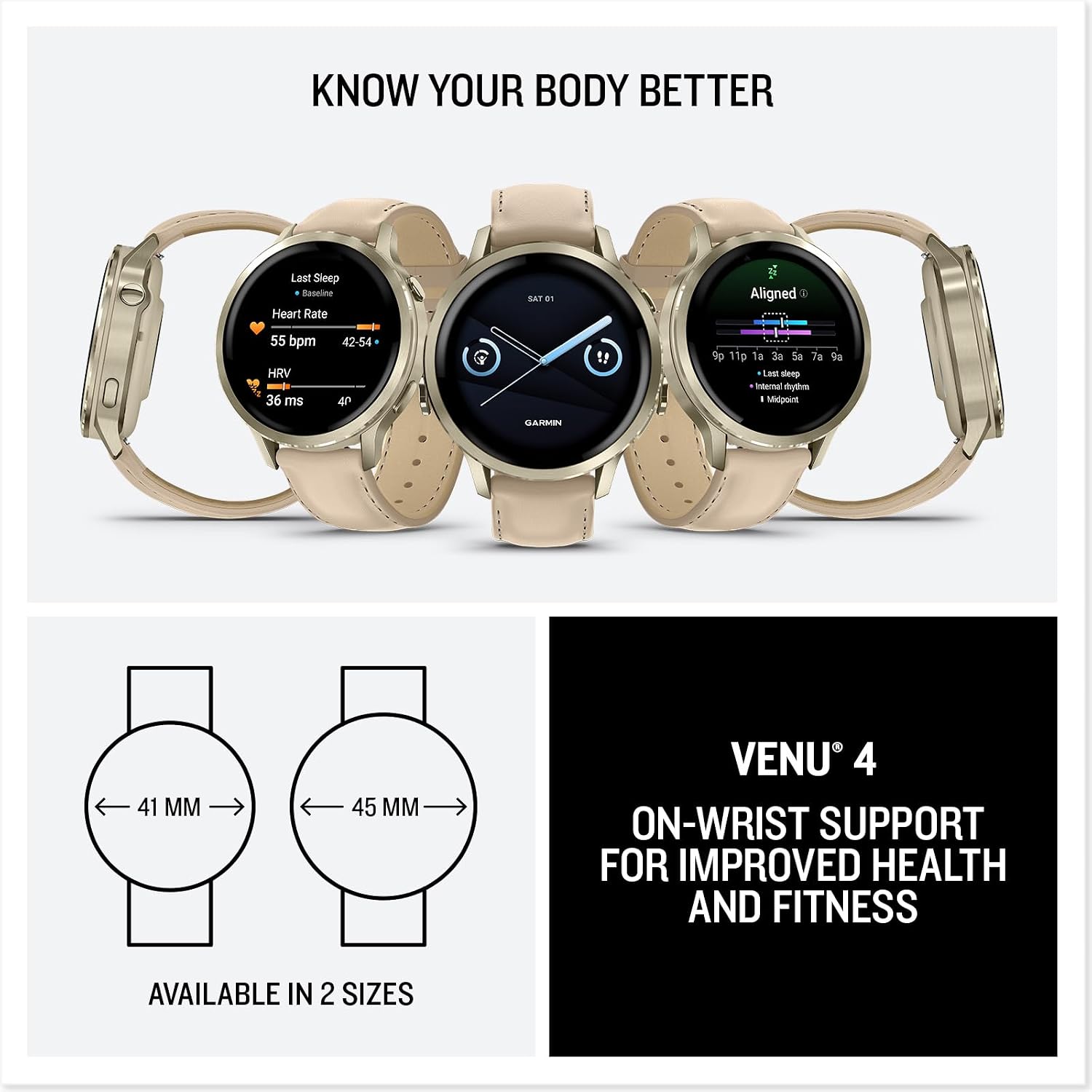 PlayBetter Garmin Venu 4 (Lunar Gold/Light Sand Leather, 41mm) Fitness GPS Smartwatch Bundle - AMOLED Display, Built-in Flashlight, Long Battery Life Portable Charger & HD Screen Protectors