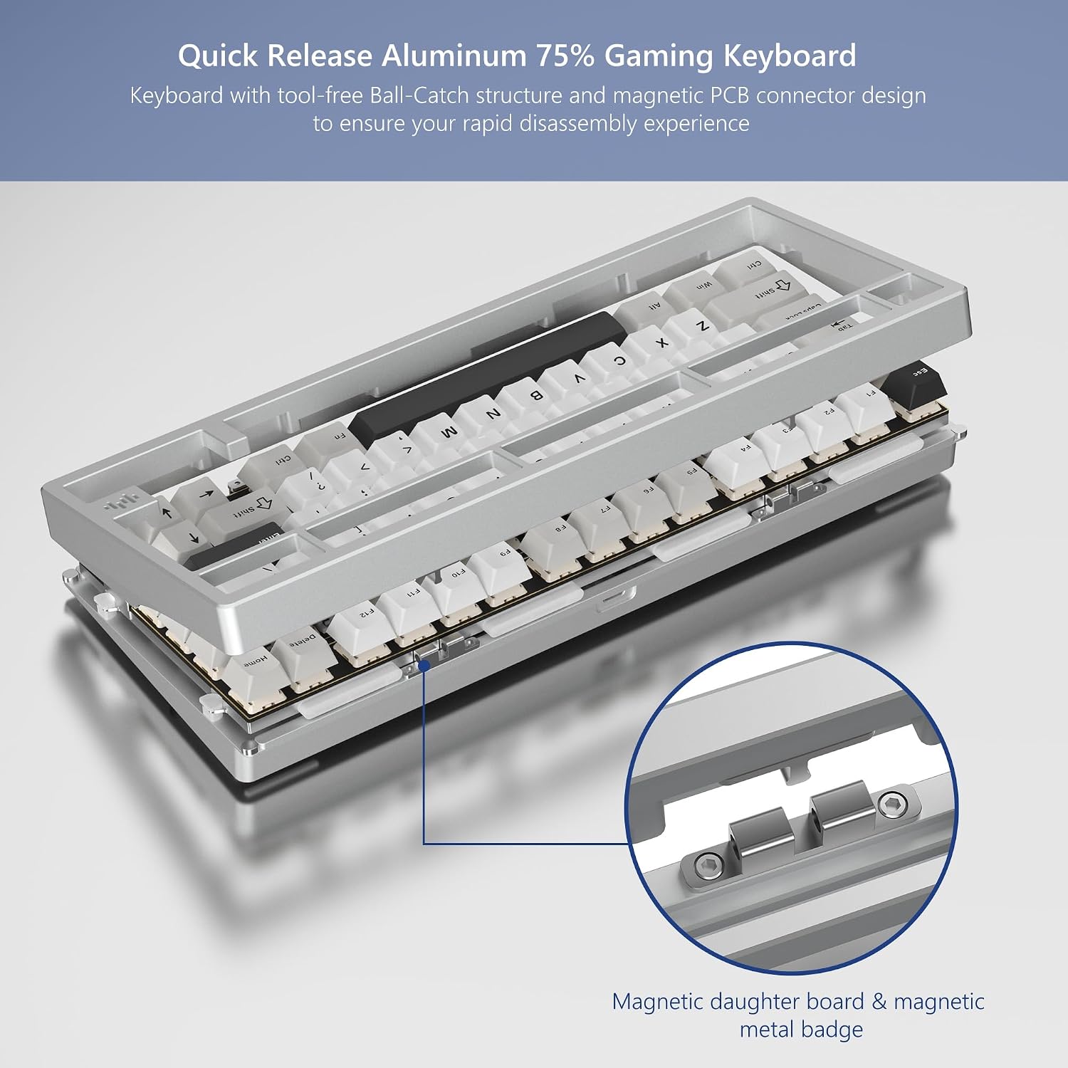 Womier RD75 Pro 75% Wireless Gaming Keyboard, Quick Release Aluminum Keyboard, QMK/VIA Tri-Mode Mechanical Key Board Custom Hot Swappable with RGB Creamy for Windows/Mac/PC - Silver