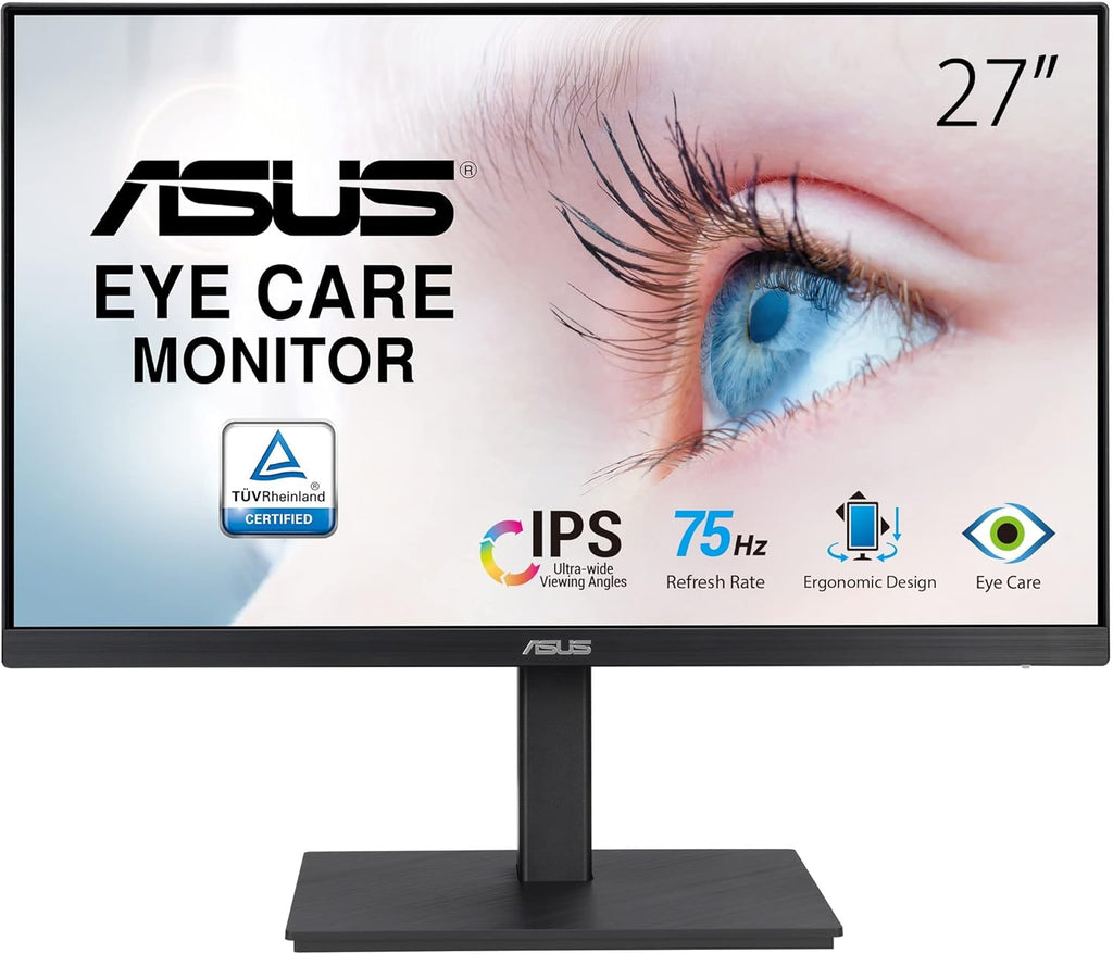ASUS 27' 1080P Monitor (VA27EQSB) - Full HD, IPS, 75Hz, Adaptive-Sync, Speakers, Eye Care, Low Blue Light, Flicker Free, DisplayPort, HDMI, USB Hub, D-Sub, Frameless, Wall Mountable, Height Adjustable