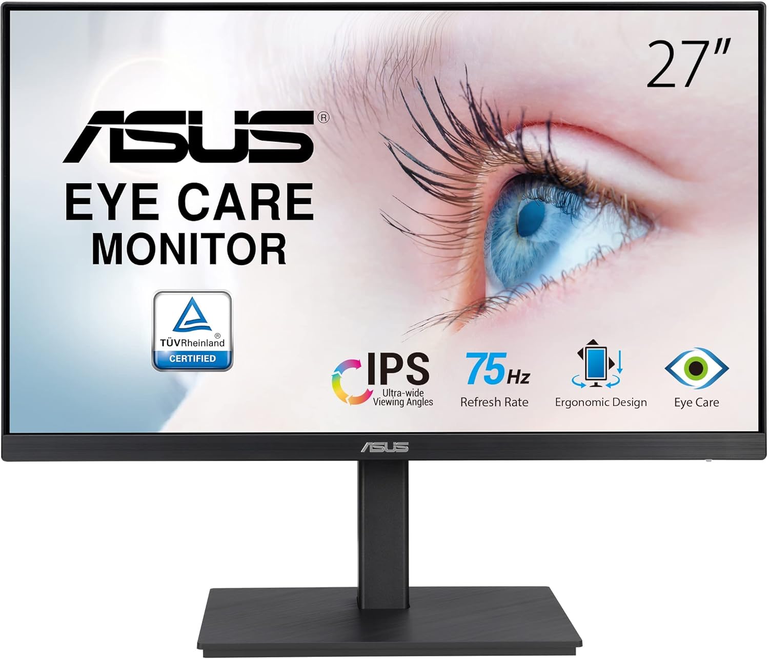 ASUS 27' 1080P Monitor (VA27EQSB) - Full HD, IPS, 75Hz, Adaptive-Sync, Speakers, Eye Care, Low Blue Light, Flicker Free, DisplayPort, HDMI, USB Hub, D-Sub, Frameless, Wall Mountable, Height Adjustable