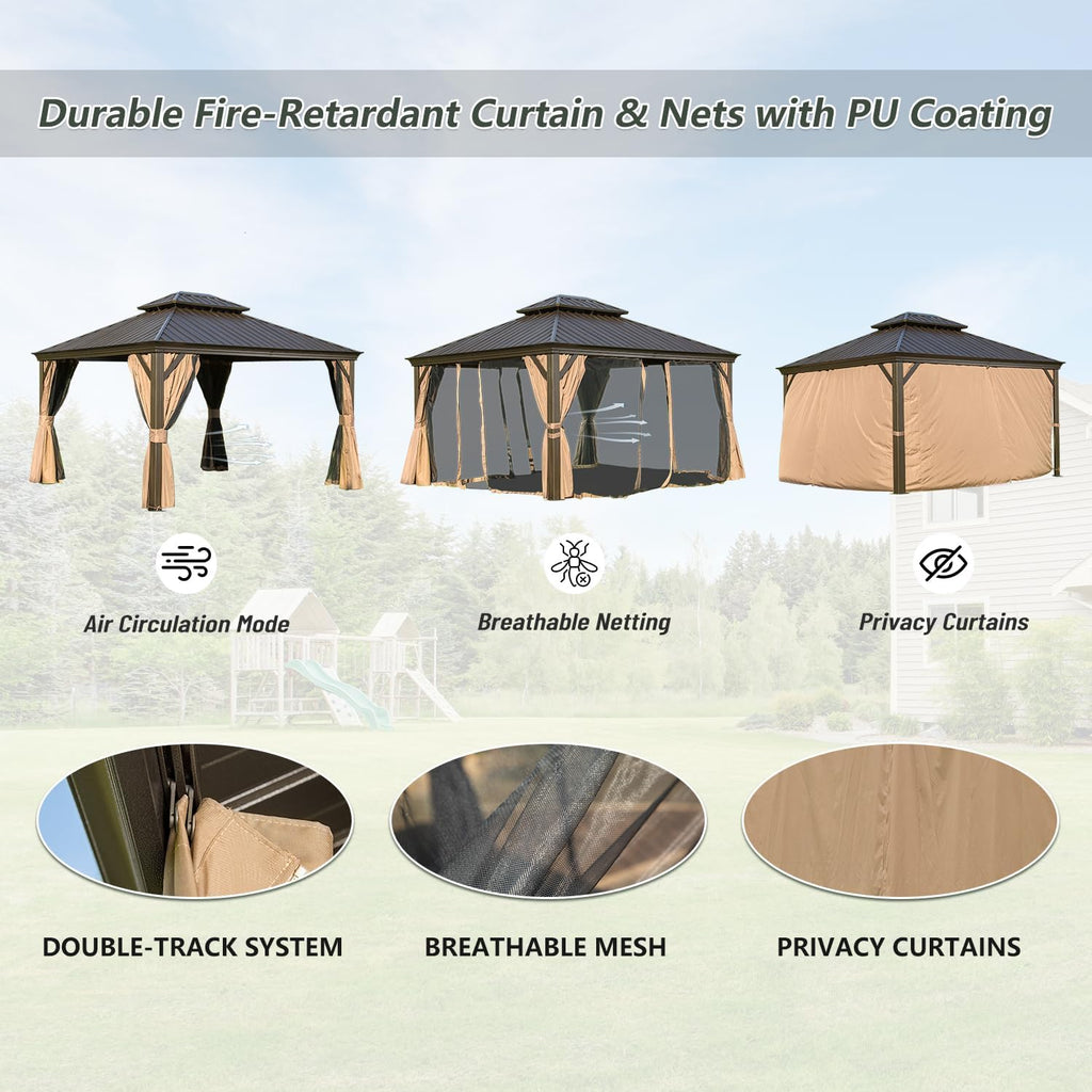 12' x 14' Hardtop Gazebo Outdoor Aluminum Gazebos with Galvanized Steel Double Canopy for Patios Deck Backyard,Curtains&Netting by domi outdoor living