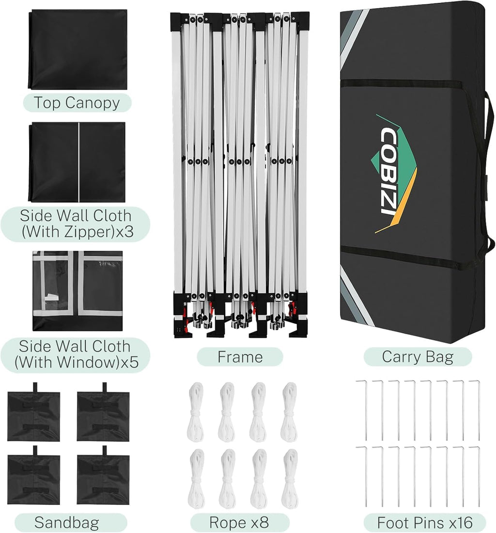 COBIZI 10x30 Pop Up Canopy Tent with 8 Sidewalls Party Tents for Parties Weddings Backyard Waterproof Commercial Instant Outdoor Events Tent with Stakes, Ropes,Sandbags（10 x 30 ft Black