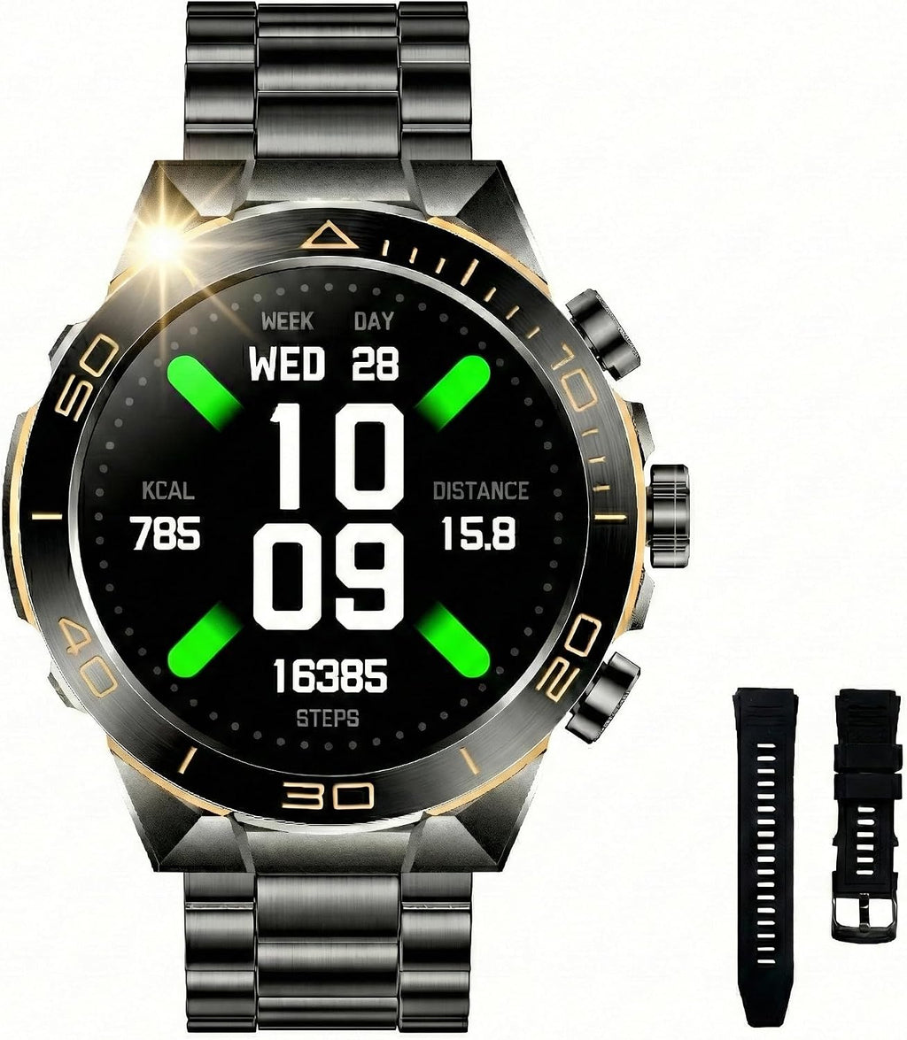 SOUYIE Men's Smart Watch with Bluetooth Call, 1.43' AMOLED Round Dial, Luxury Stainless Steel & Silicone Bands, Business Sport Fitness Tracker, Heart Rate/Blood Pressure/Sleep Monitor for iOS Android