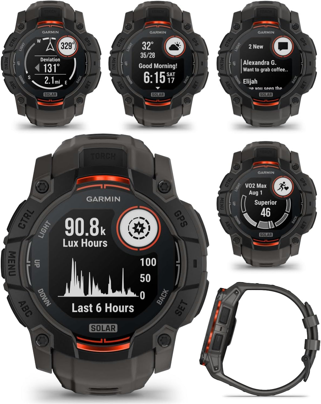 Garmin Instinct 3 Solar 50 mm, Rugged Outdoor GPS Smartwatch, Built-in Flashlight, Up to 40 Days of Battery Life, Black with Charcoal Band Bundle