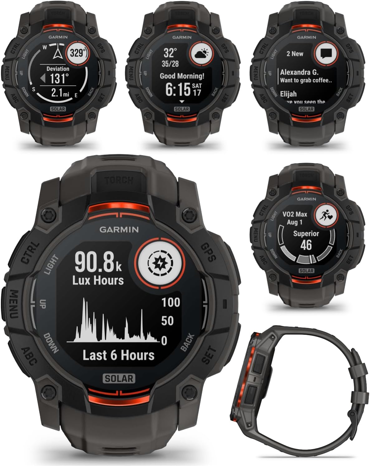 Garmin Instinct 3 Solar 50 mm, Rugged Outdoor GPS Smartwatch, Built-in Flashlight, Up to 40 Days of Battery Life, Black with Charcoal Band Bundle