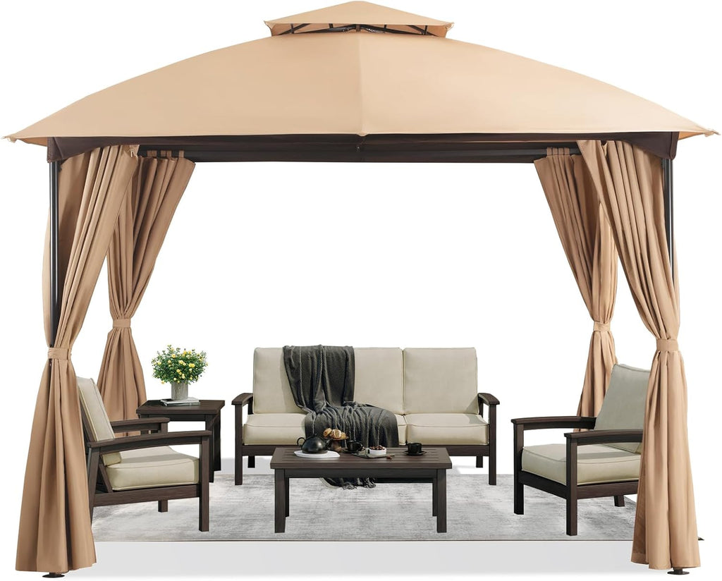 LAUSAINT HOME 10'x10' Patio Arc Gazebo, Outdoor Canopy Tent with Curved Roof Design, Double Tier Top, Privacy Curtains & Wind-Resistant Ropes, Backyard Garden Lawn, Khaki