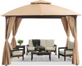 LAUSAINT HOME 10'x10' Patio Arc Gazebo, Outdoor Canopy Tent with Curved Roof Design, Double Tier Top, Privacy Curtains & Wind-Resistant Ropes, Backyard Garden Lawn, Khaki