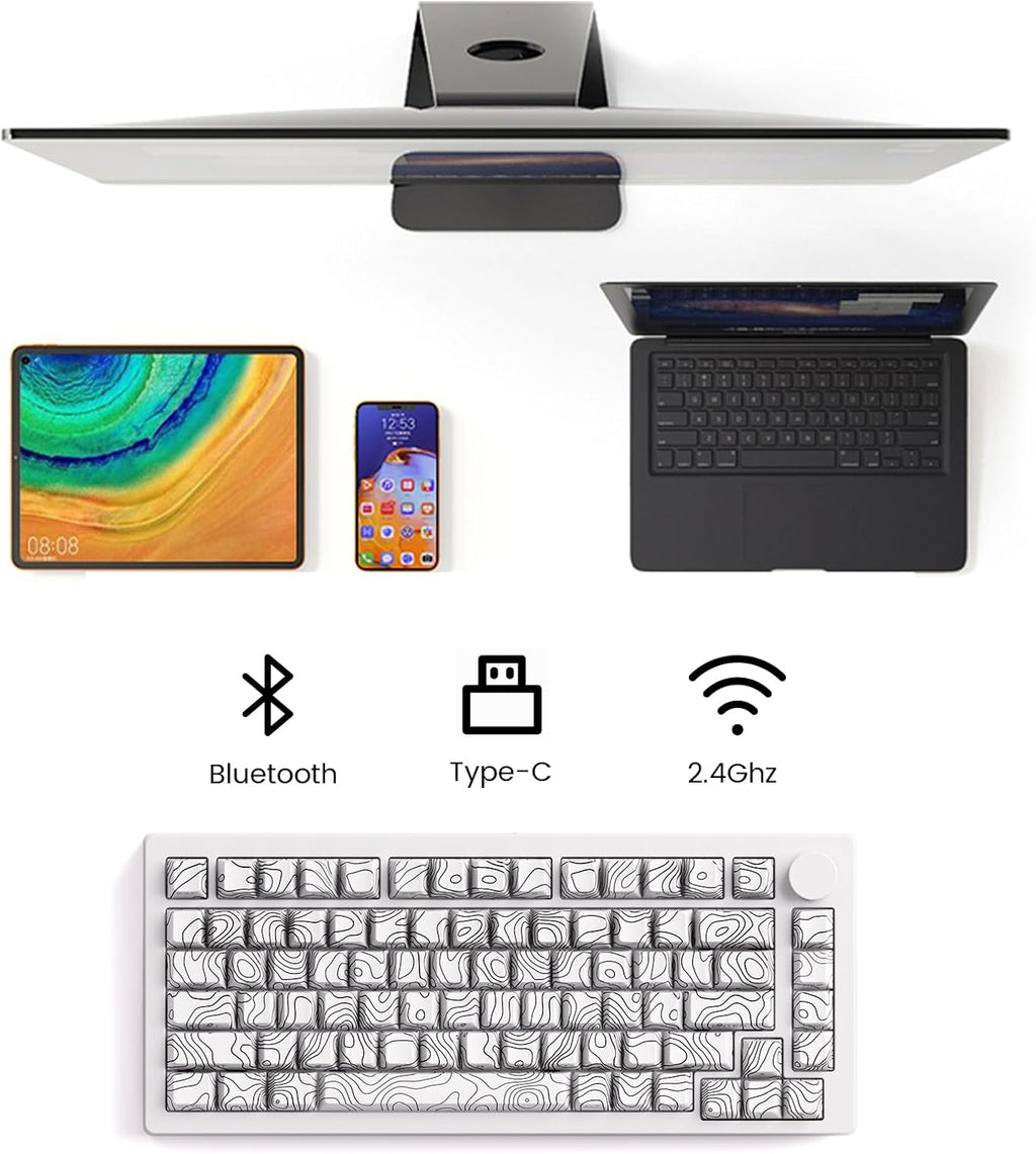 M1 V5 Aluminum Mechanical Keyboard 75% Topographic Theme Quick Release Gaming Keyboard with Knob, 8000 mAH RGB Hot-swappable White Custom Keyboard with Side-printed Keycaps Pre lubed Piano Switch