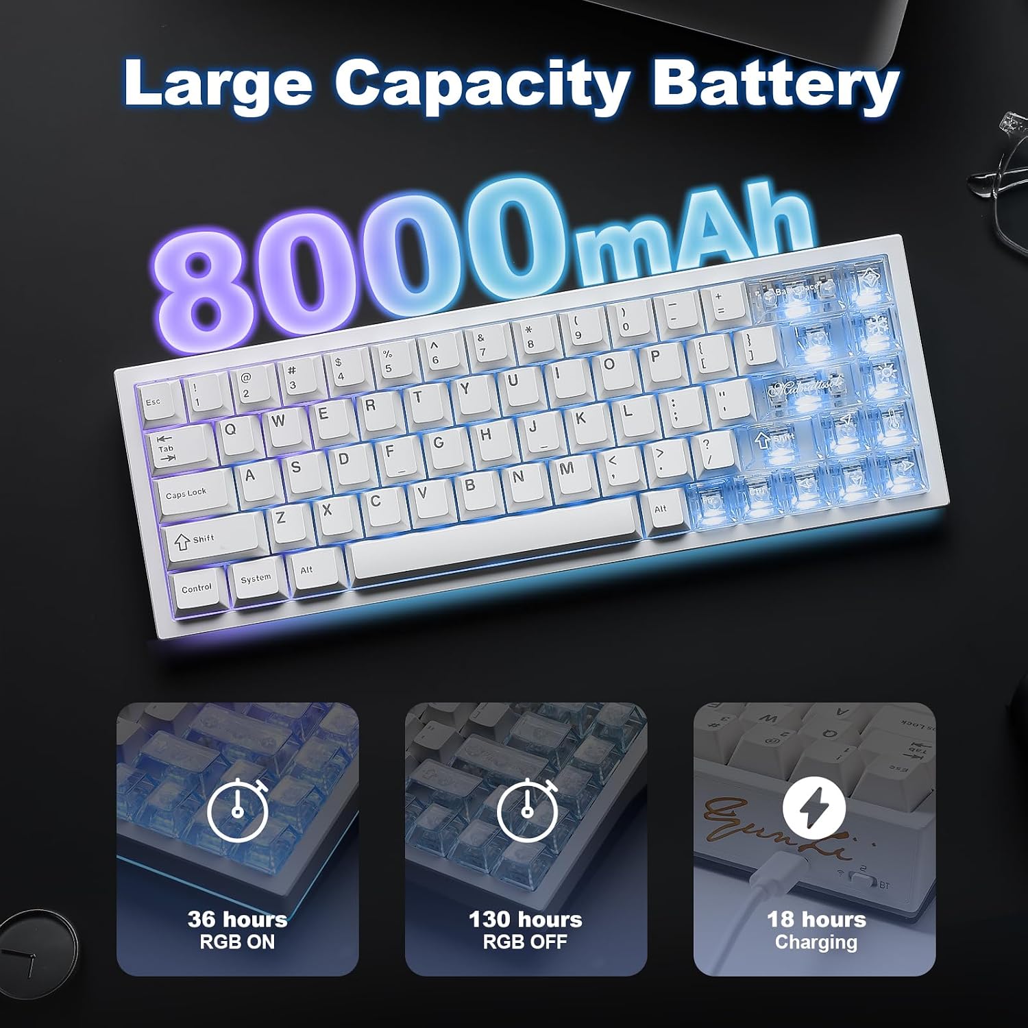 YUNZII AL65 Wireless Mechanical Keyboard, Full Aluminum CNC,Support QMK/VIA Software Gasket Structure,60% Hot Swappable with RGB Backlit BT/2.4G/USB-C for Mac/Windows(White, Gateron Zero)