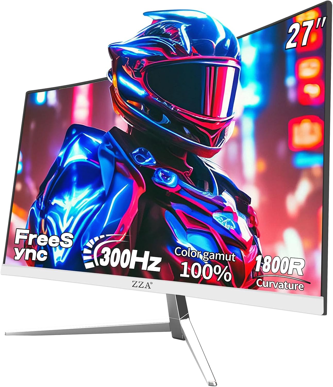 ZZA 27' Curved Gaming Monitor 300HZ Computer Monitor, FHD 1080p 1ms 1800R VA Screen, 99% sRGB, Support AMD FreeSync, Blue Light Filter, HDMI*2 & DP*2, VESA Mounting Compliant- White