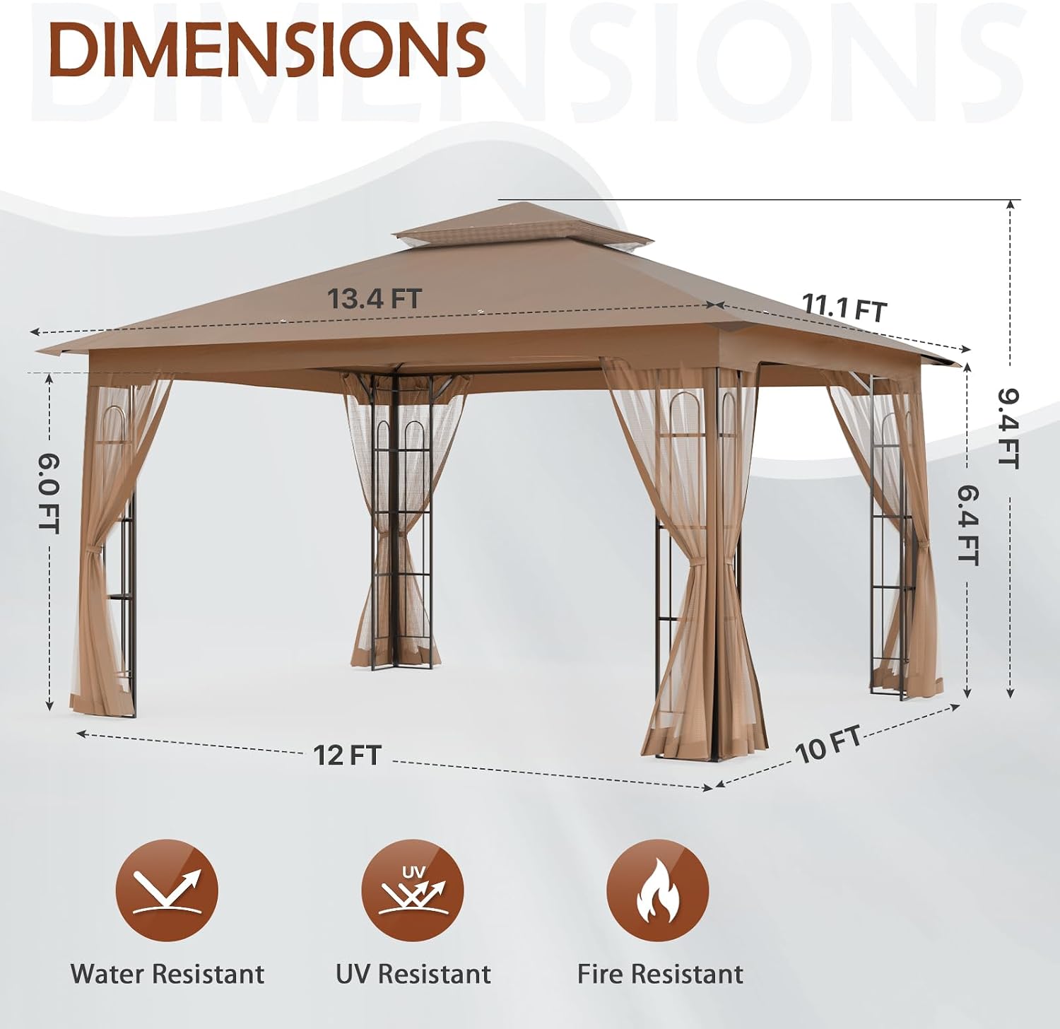 COOS BAY 10x12 Outdoor Patio Gazebo with Netting, Two Tier Water Resistant Canopy for Backyard, Brown