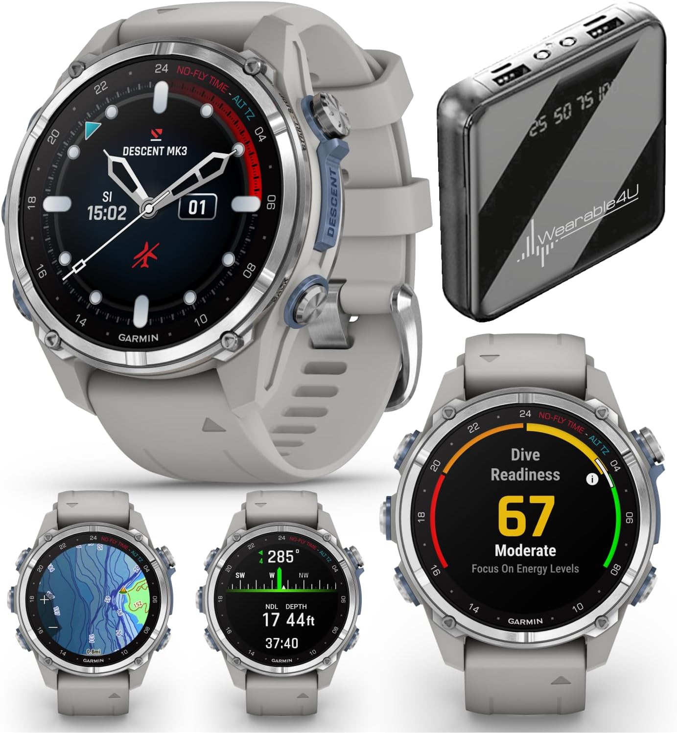 Garmin Descent Mk3 & Mk3i 51 mm & 43 mm, Titanium Dive Computer +Extra-Long Strap | Up to 25 Days Battery Life, AMOLED Display, Multi-Band GPS Smartwatch & Gift Bundle (010-02753-03)