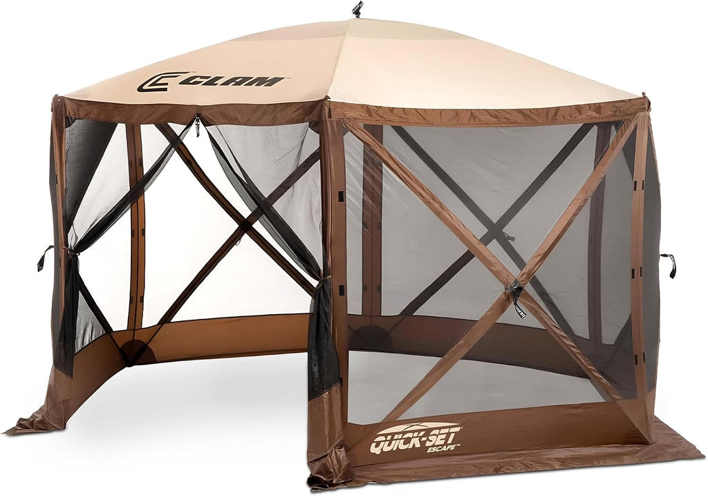 CLAM Escape 11.5' Pop-Up Screen Tent – Brown Outdoor Camping Gazebo Canopy with No-See-Um Mesh, Carry Bag & Stakes – 6-Sided Portable Shelter for Camping, Picnics, & Events – Fast 45-Second Setup