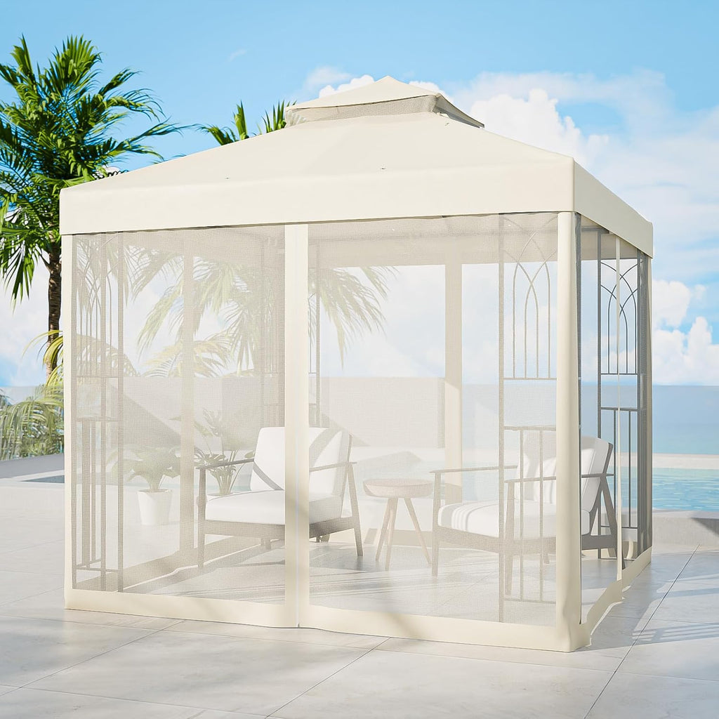 COOS BAY 8x8 Patio Gazebo with Corner Shelves, Two Tier Soft Top Canopy with Mesh Netting for Backyard, Garden, Lawn, Outdoor Events, Beige