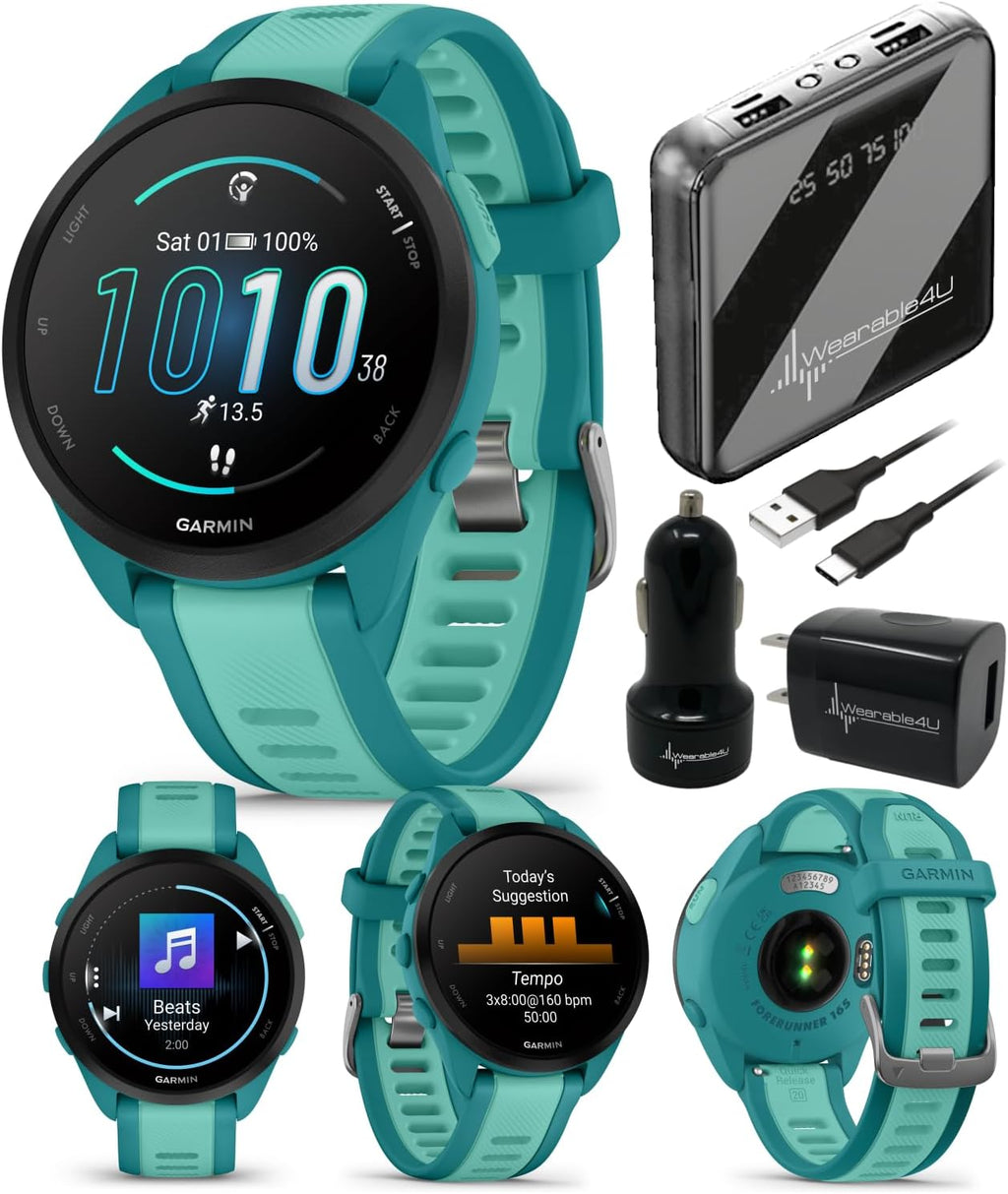 Garmin Forerunner 165 Music Running Smartwatch, Colorful AMOLED Touchscreen, Training Metrics and Recovery Insights Includes PowerPack and Adapters Bundle, Turquoise/Aqua