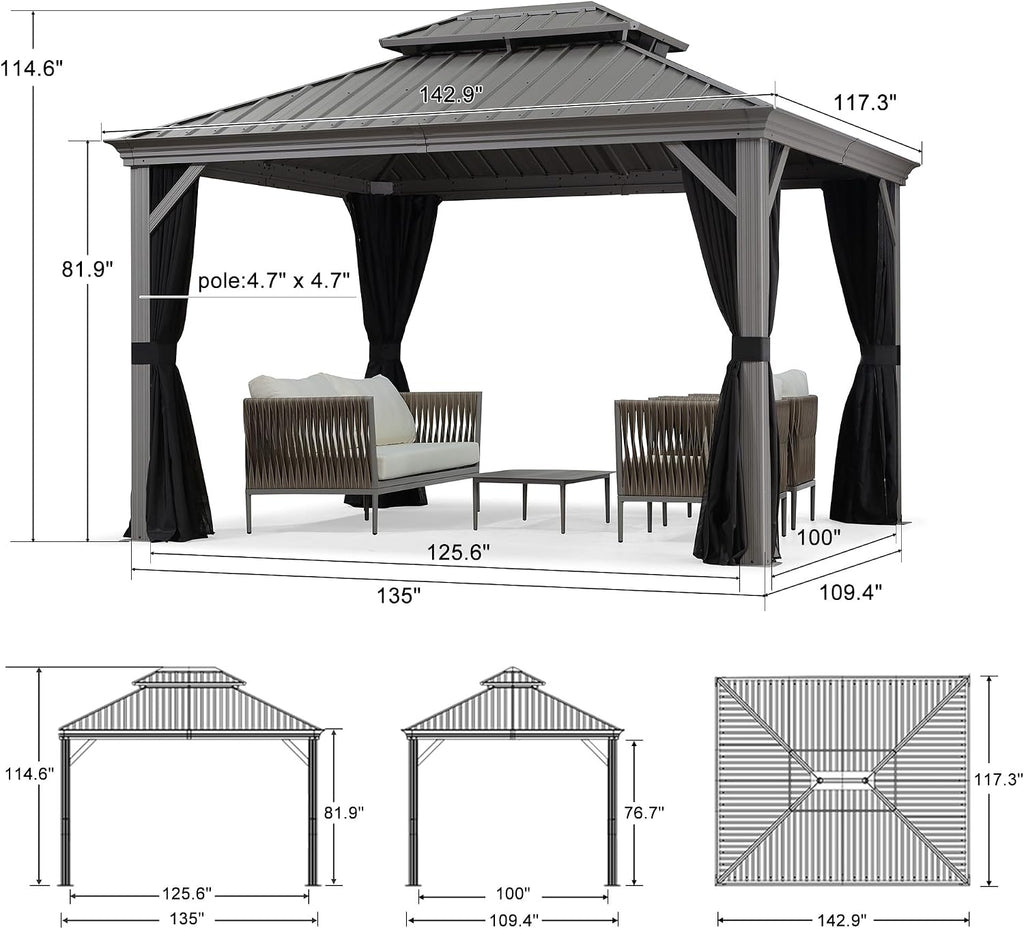 PURPLE LEAF 10' x 12' Hardtop Aluminum Gazebo with Double Metal Roof Heavy Duty Permanent Gazebo for Patio Deck Lawn Garden All Weather Outdoor Pavilion Gazebos, Light Grey