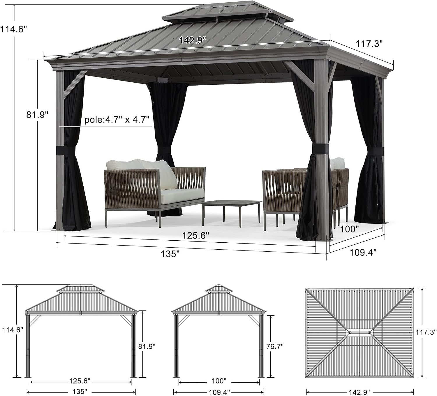 PURPLE LEAF 10' x 12' Hardtop Aluminum Gazebo with Double Metal Roof Heavy Duty Permanent Gazebo for Patio Deck Lawn Garden All Weather Outdoor Pavilion Gazebos, Light Grey