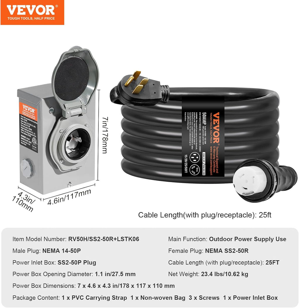 VEVOR 50 Amp Generator Cord and Power Inlet Box Kit, 25FT Generator Extension Cord NEMA 14-50P/SS2-50R STW 6/3+8/1 AWG with Twist Lock Connector, Pre-Drilled Inlet Box, ETL Listed