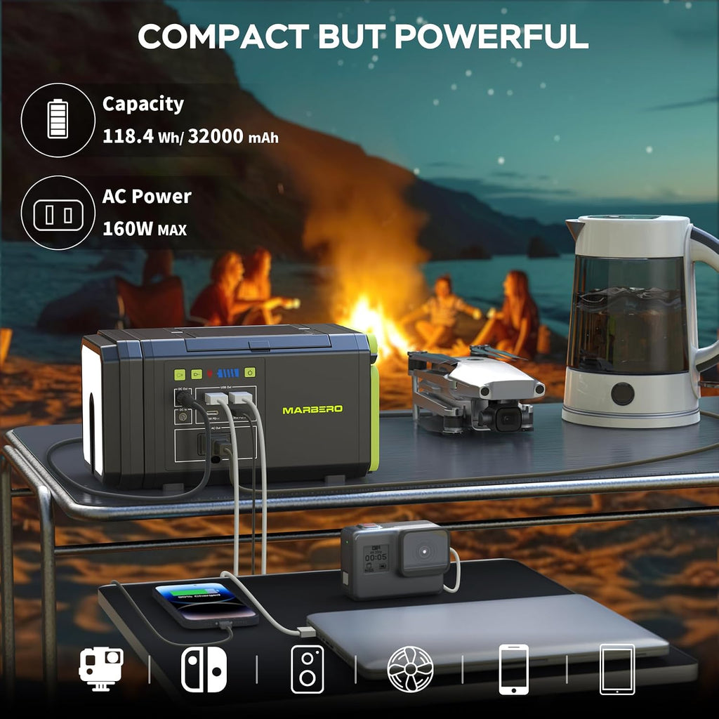 MARBERO 118Wh Solar Generator with Telescopic Camping Lights 32000mAh 160W Max Portable Power Station with Solar Panel Included 30W AC Outlet USB DC Output for Camping Hiking Emergency